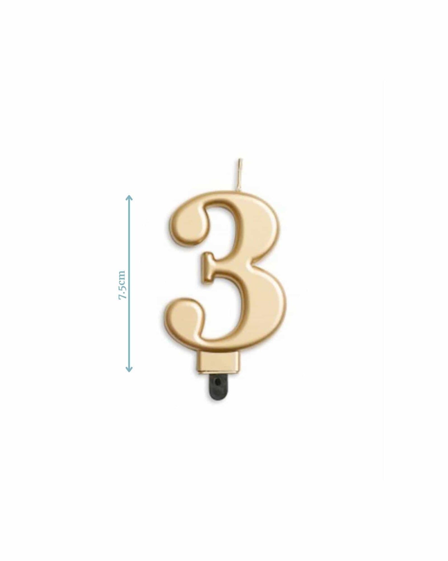 A gold number "3" candle, measuring 7.5 cm tall, with a decorative swirl design.