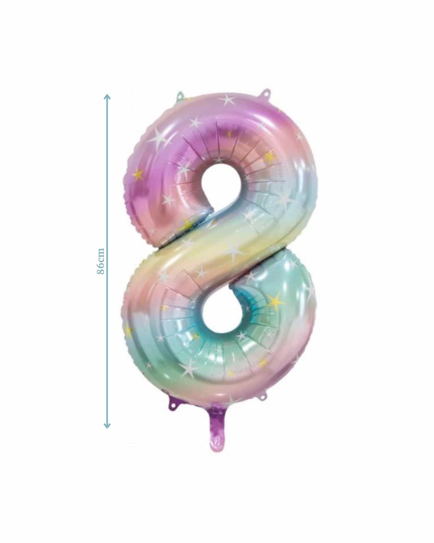 Large pastel rainbow number 8 balloon, featuring stars and a height of 86 cm.