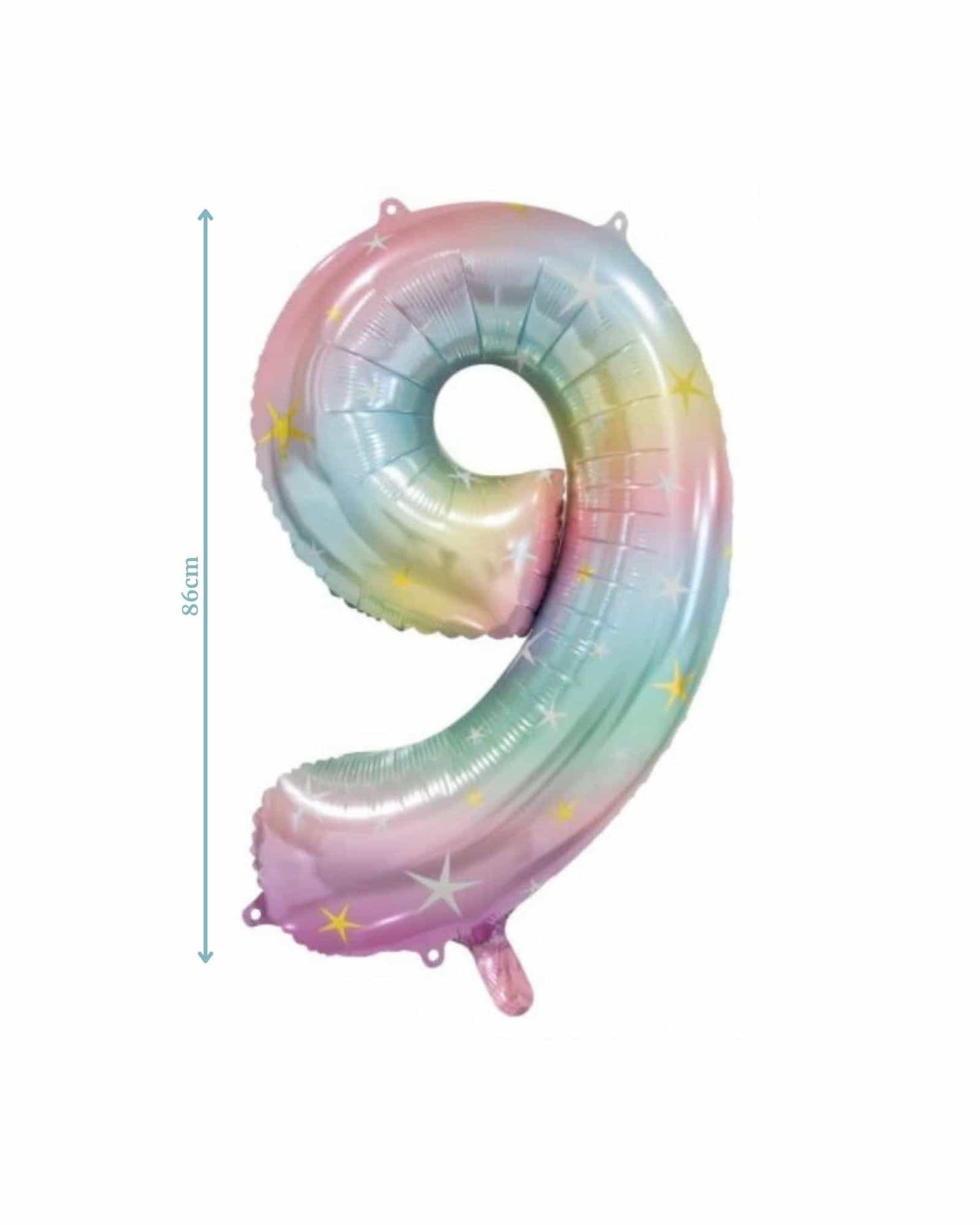 Pastel rainbow foil number nine balloon with star accents, measuring 86 cm in height.
