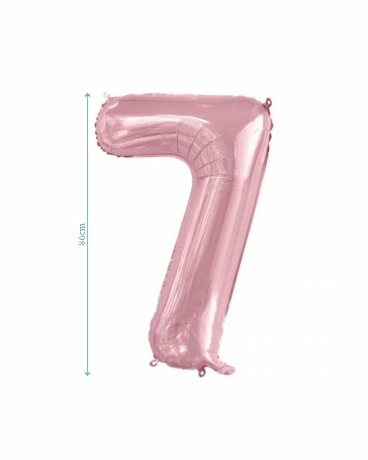 A large, shiny pink number "7" balloon, measuring 86 cm tall, with a smooth, reflective surface.