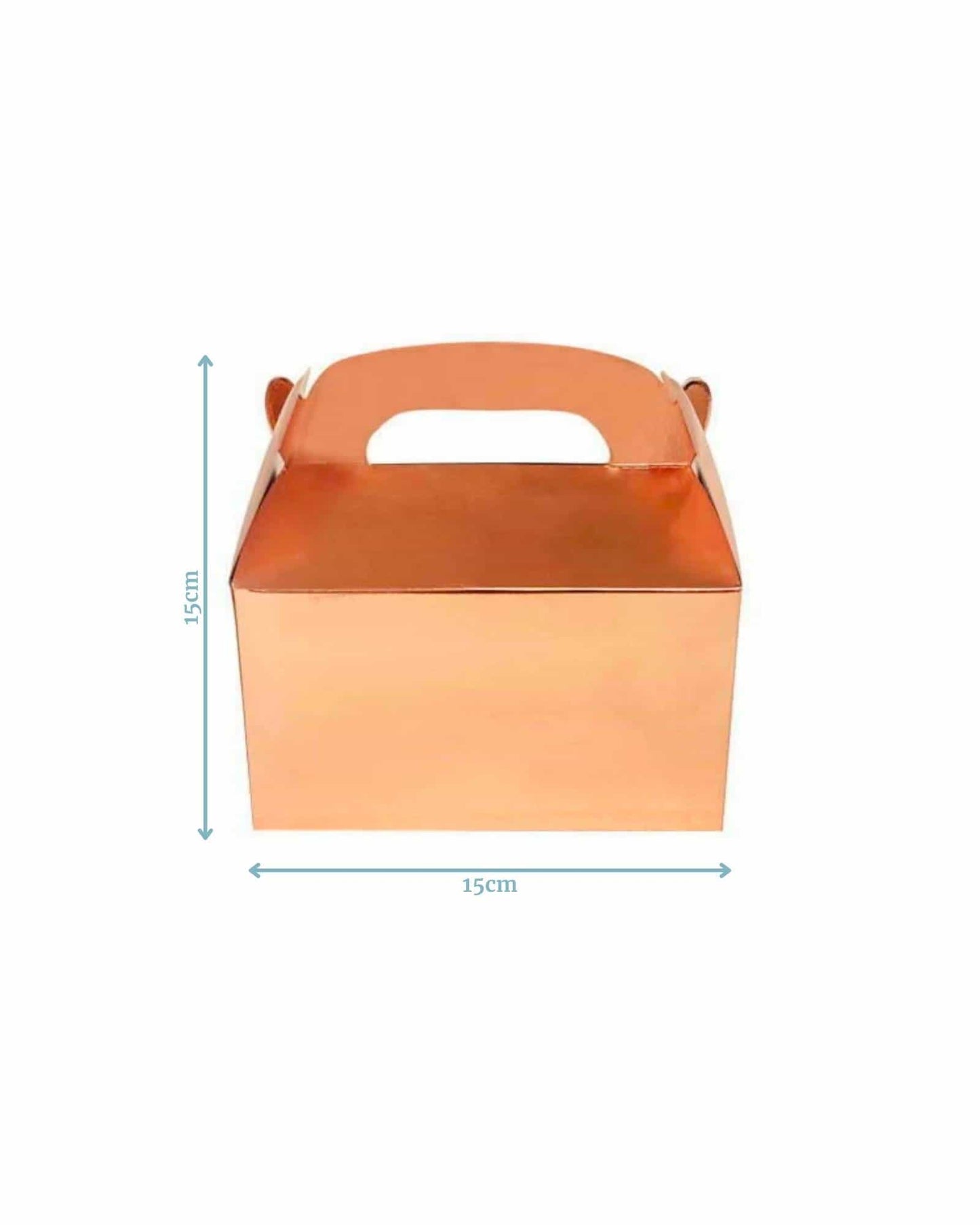 Copper-colored box with a handle, measuring 15cm x 15cm x 15cm, showcased against a plain background.