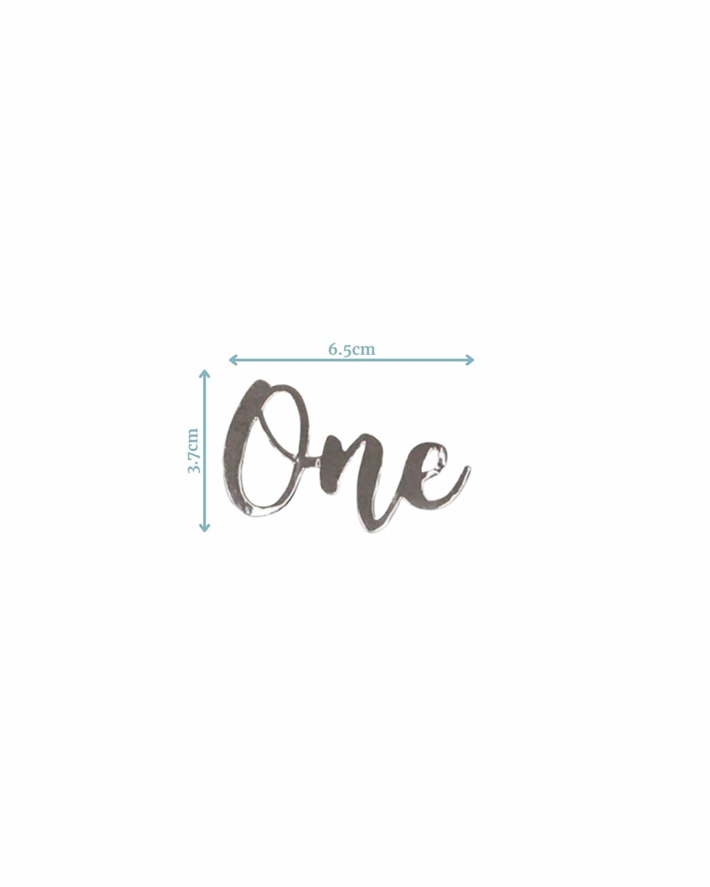 Silver "One" lettering with dimensions of 6.5cm by 3.7cm on a plain white background.