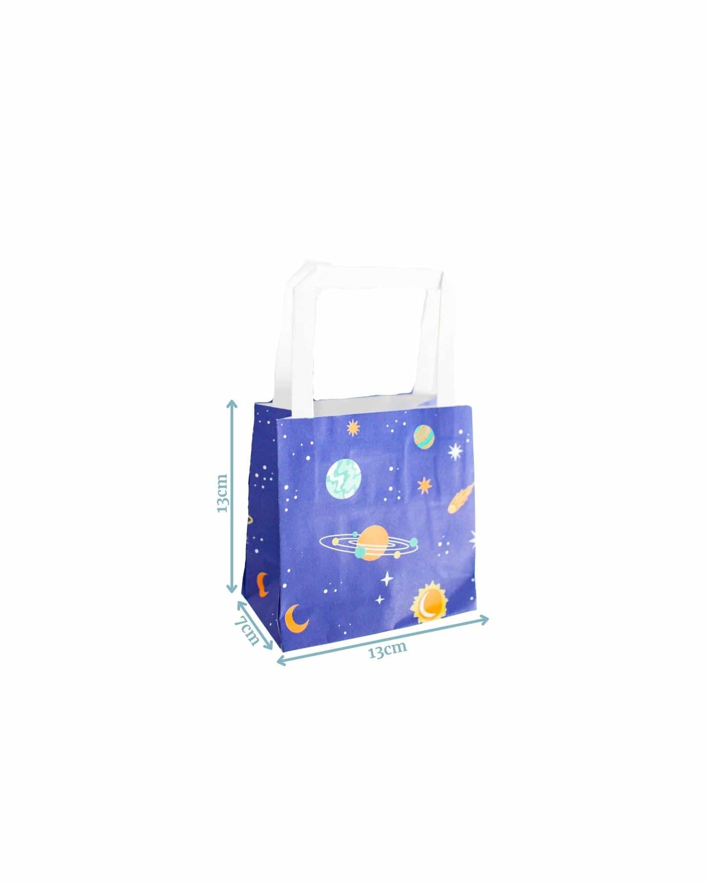 Colorful space-themed bag featuring planets, stars, and moons, with white handles and dimensions marked.