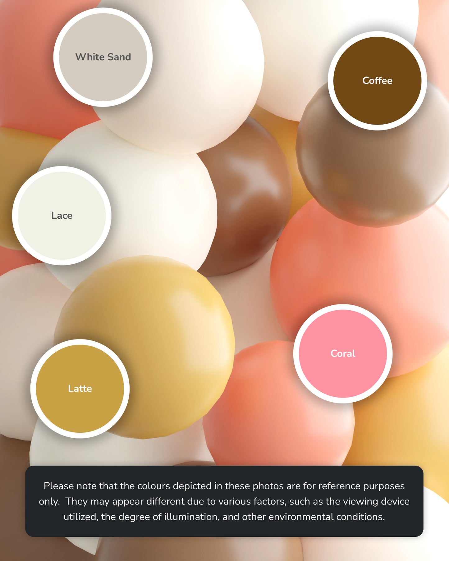 A cluster of colorful spheres in soft tones, labeled with names like Coffee, Coral, and White Sand.