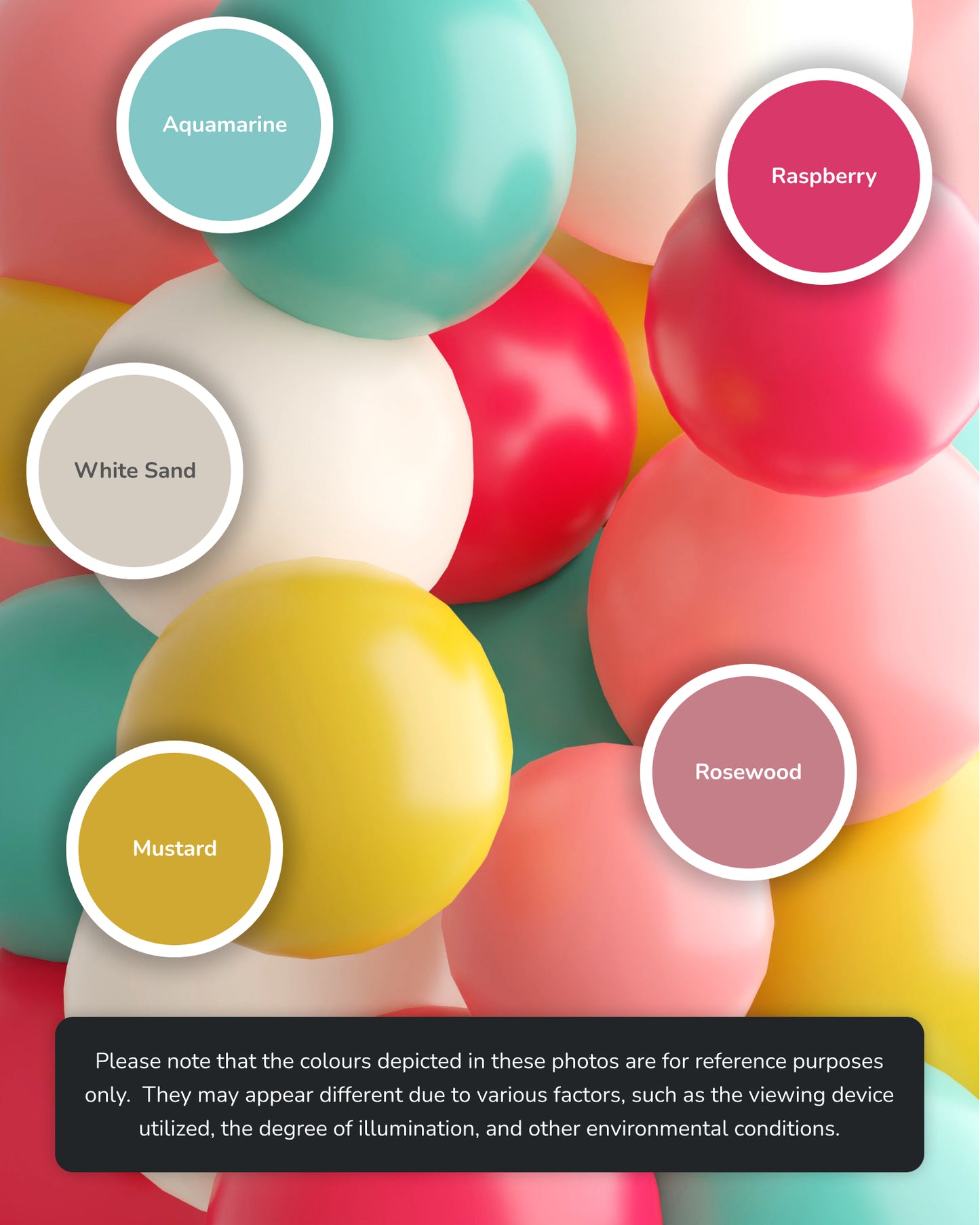 Colorful spheres in various shades, including aquamarine, raspberry, and mustard, arranged in a playful composition.