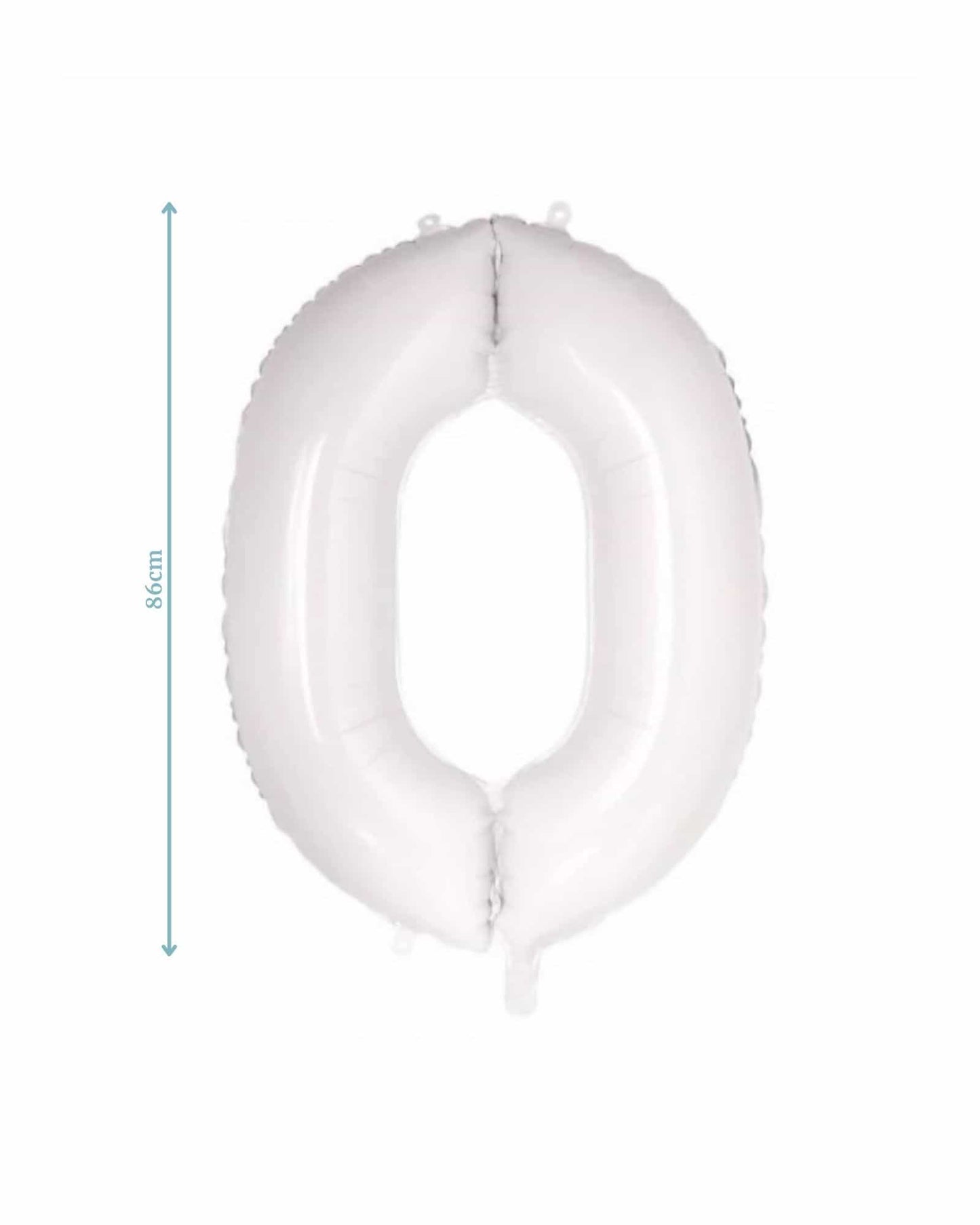 White number "0" balloon, measuring 86cm, with a glossy finish and clear string attachments.