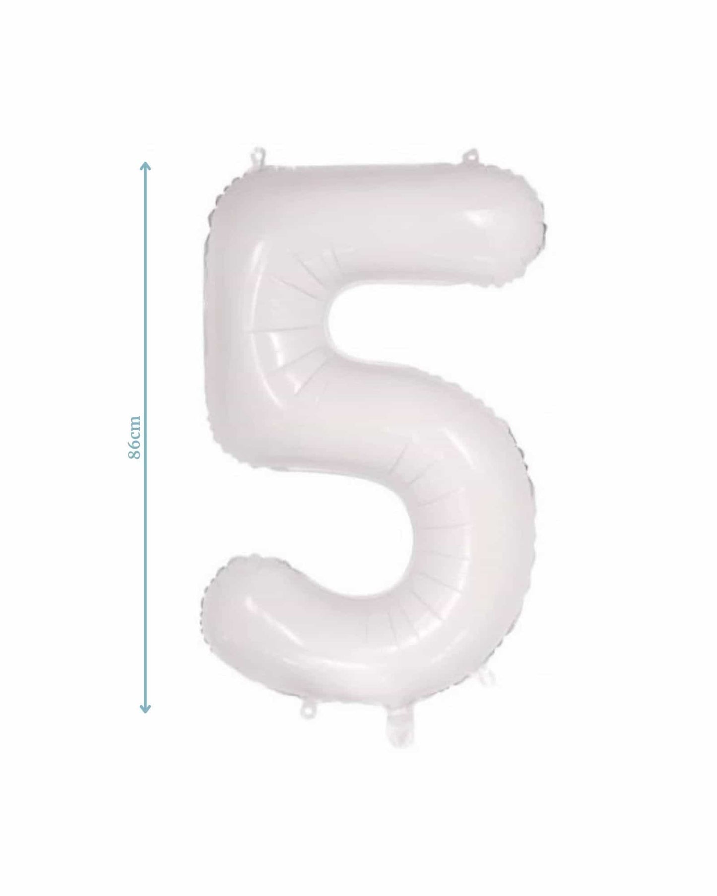 Large, glossy white balloon shaped like the number five, measuring 86 cm tall.