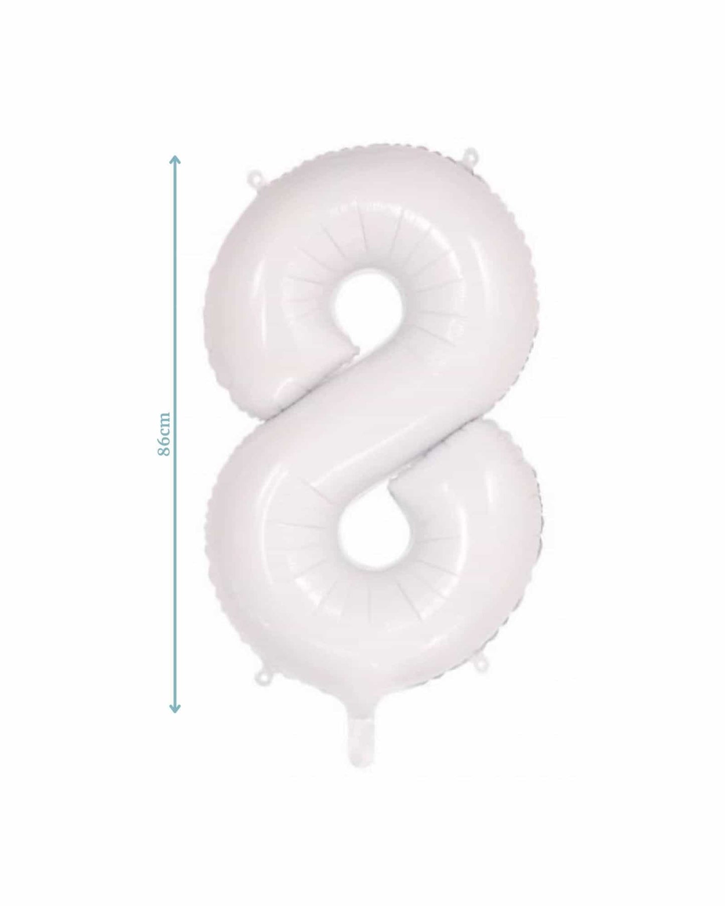 White number eight balloon, 86 cm tall, with a glossy finish and hanging loops for easy display.