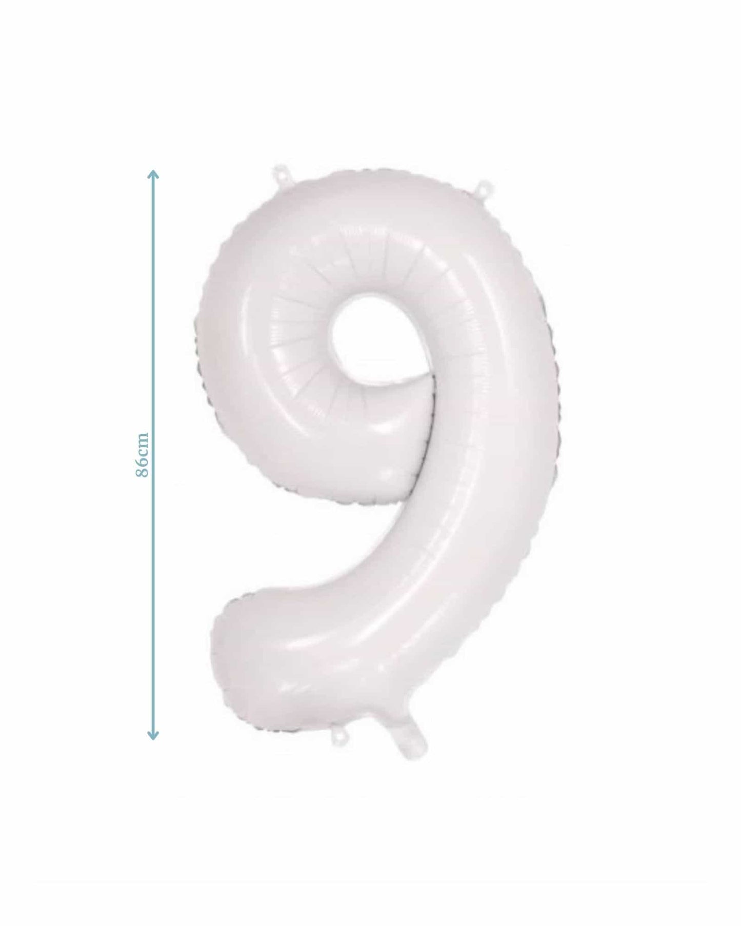Large white balloon shaped like the number nine, featuring measurement markings and a glossy finish.