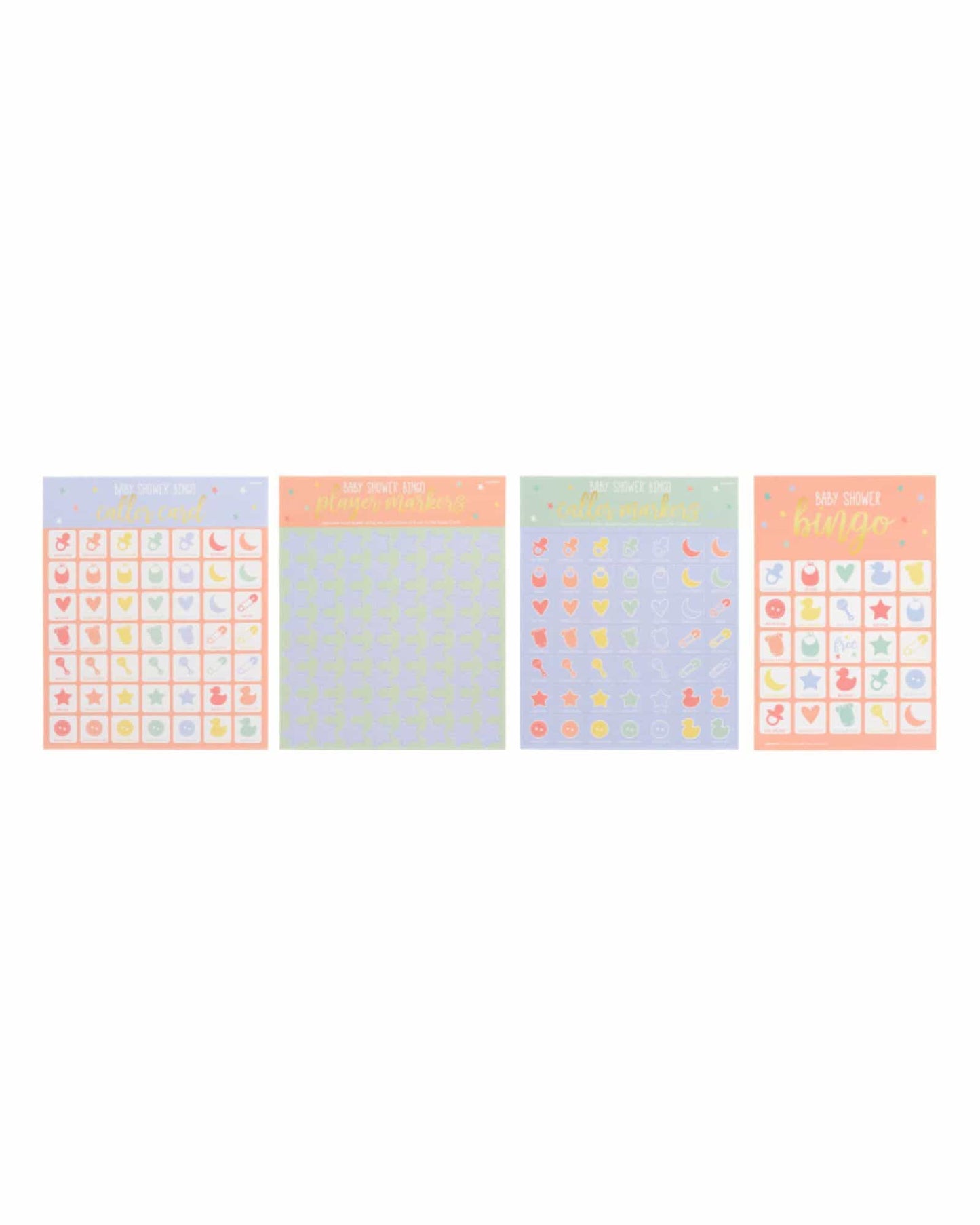 Four colorful bingo cards featuring playful baby-themed icons and vibrant backgrounds for a baby shower game.