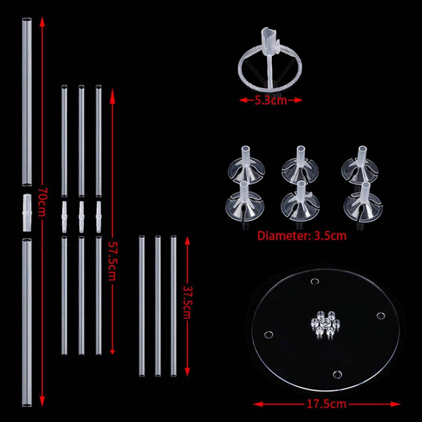 Clear plastic components arranged with varying lengths and bases, designed for balloon display setups.