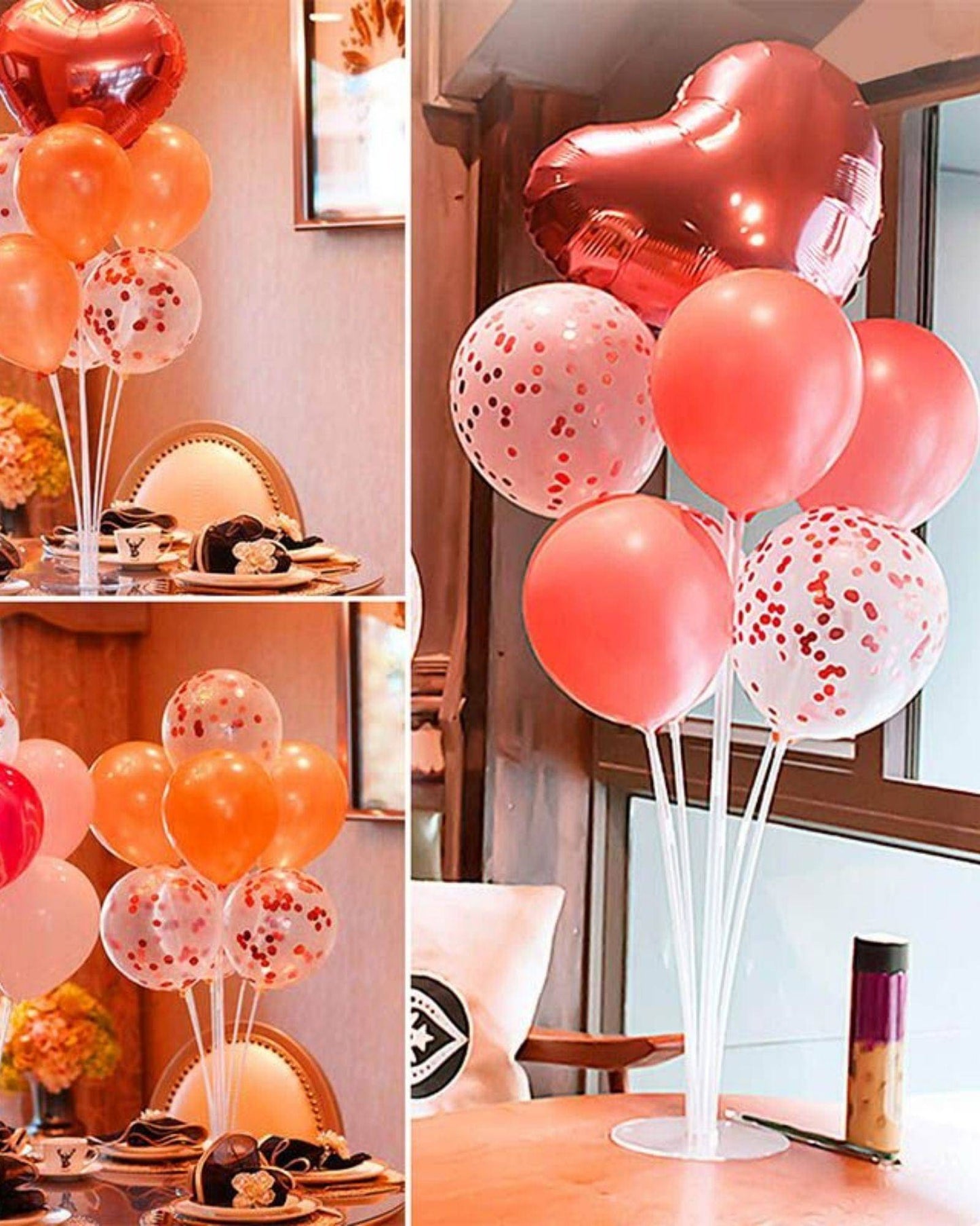 A colorful arrangement of balloons in shades of pink, orange, and red, featuring heart-shaped and confetti designs.