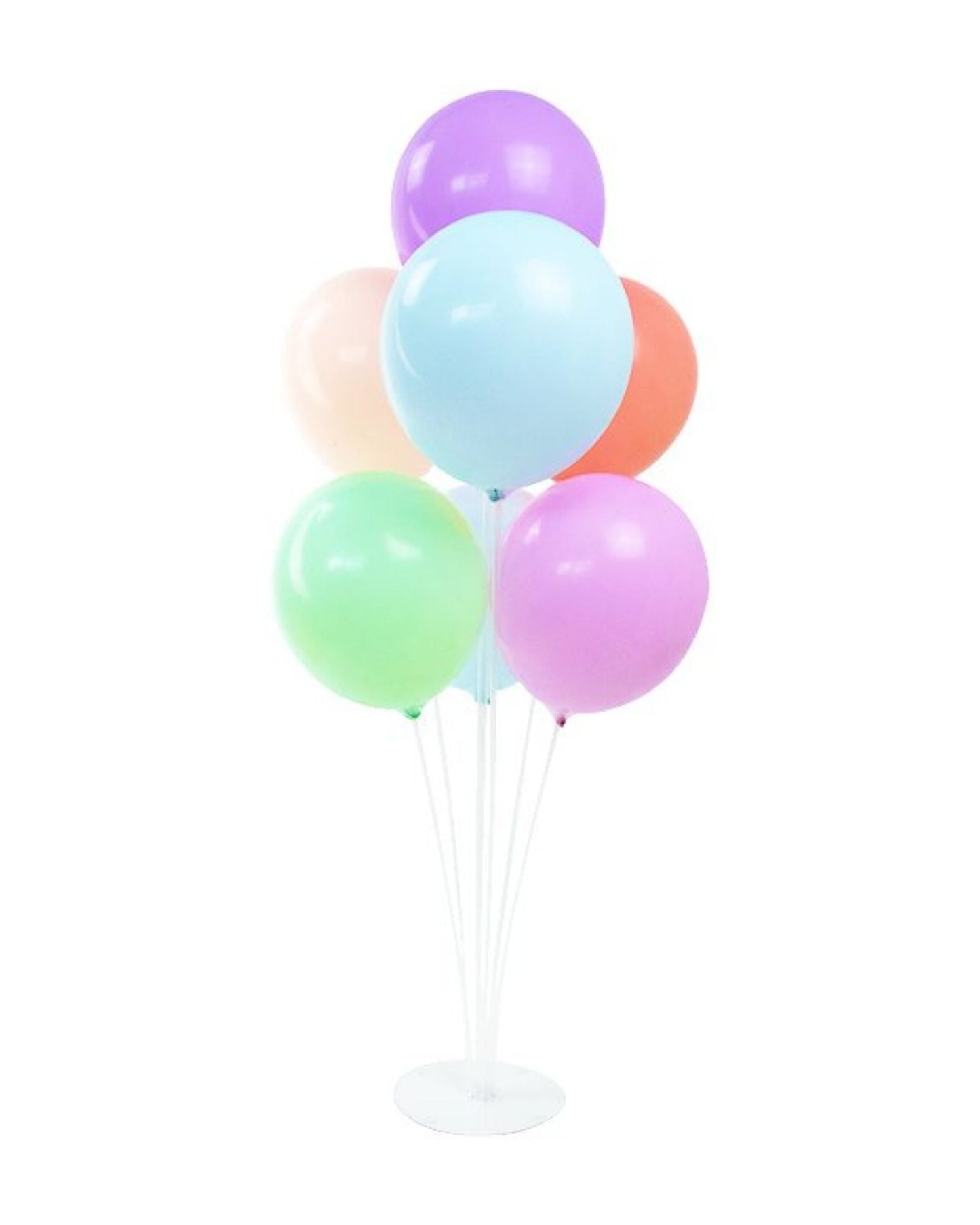 A cluster of colorful balloons in pastel shades, supported by a clear stand, adding a festive touch.