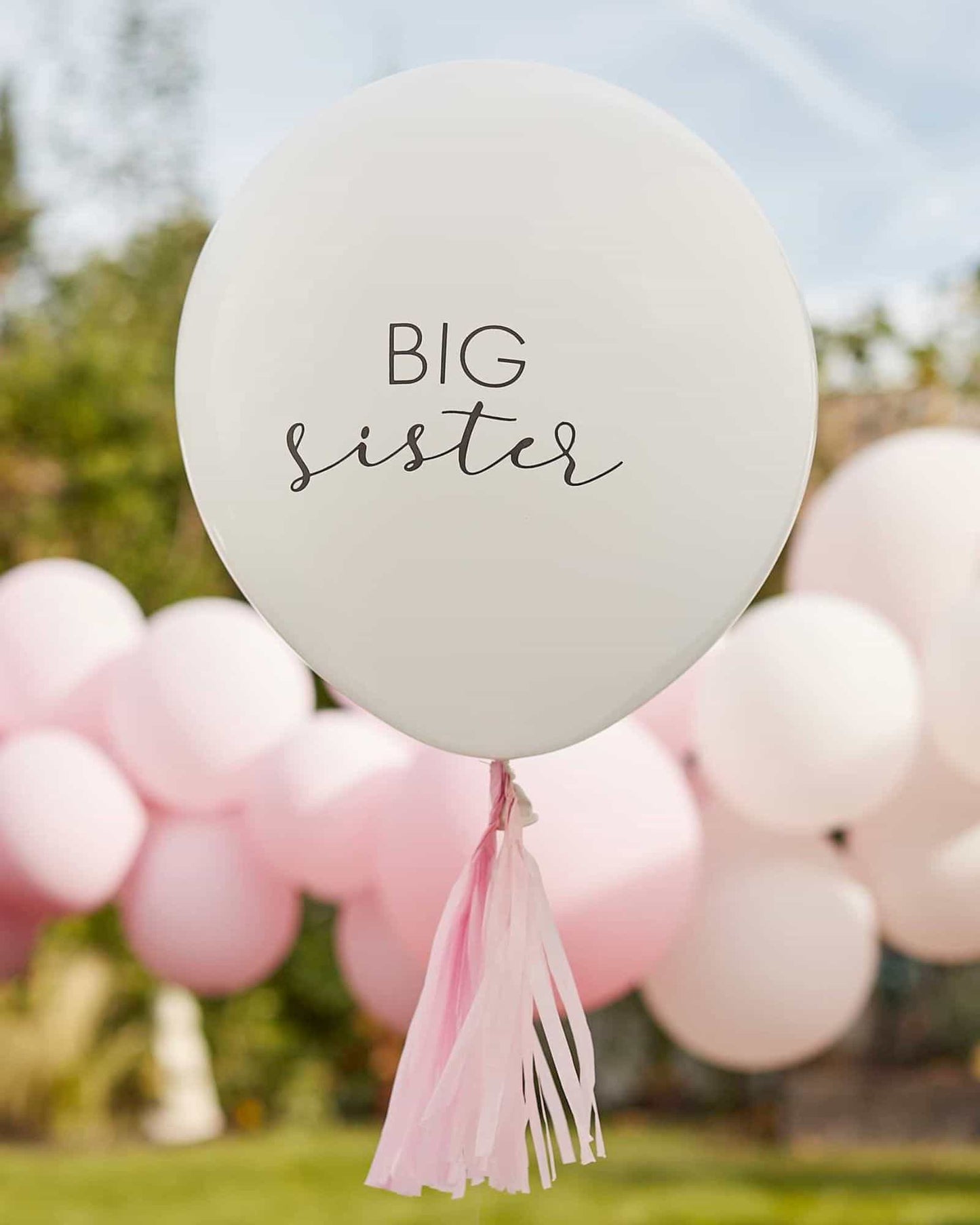 A white balloon with "BIG sister" in elegant script, adorned with pink tassels, set against a soft pastel background.