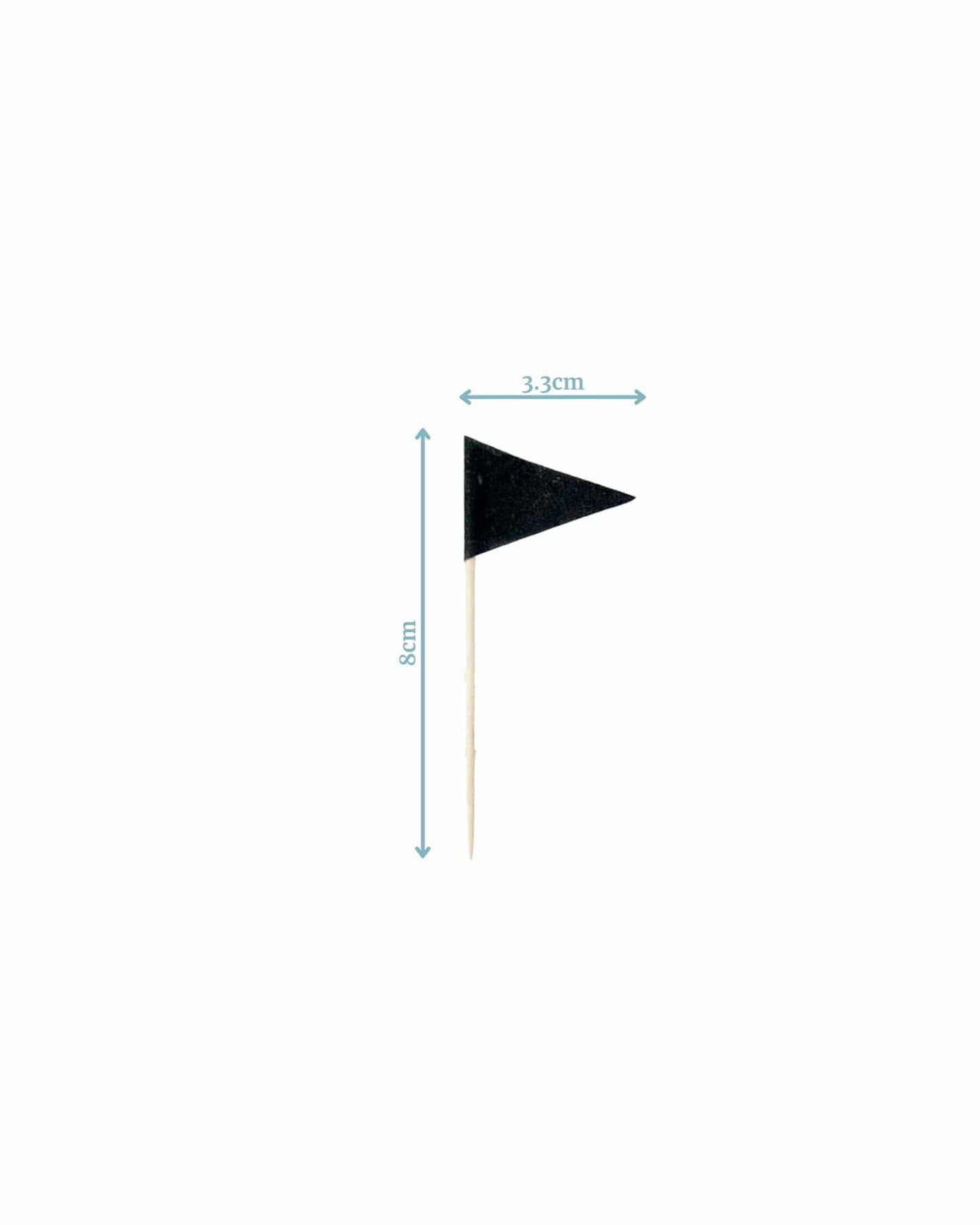Black triangular flag on a wooden stick, measuring 8 cm tall and 3.3 cm wide, set against a plain white background.