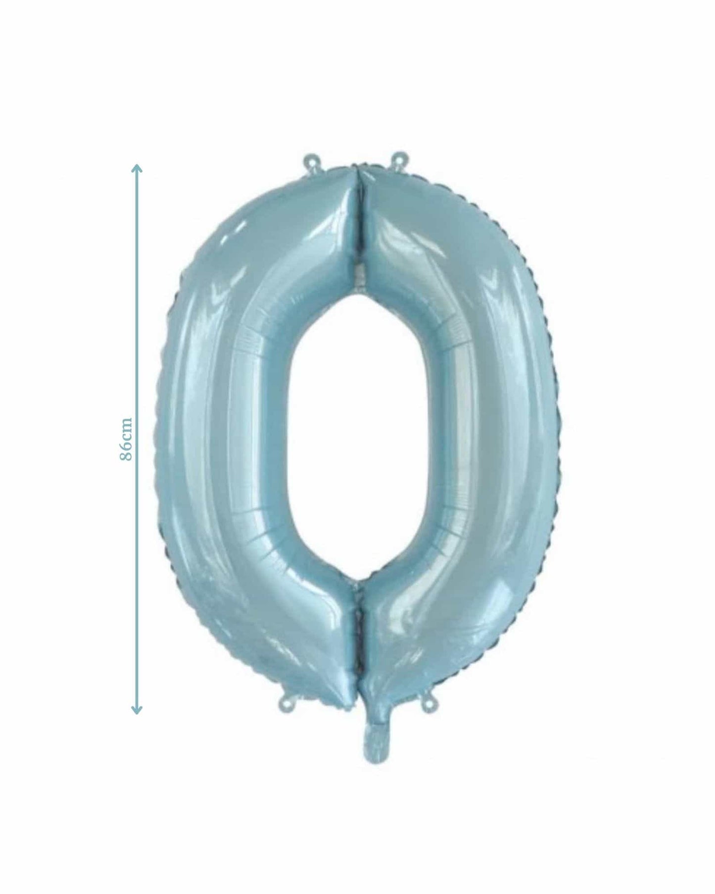 Shiny blue foil balloon shaped like the number zero, measuring 86 cm in height.