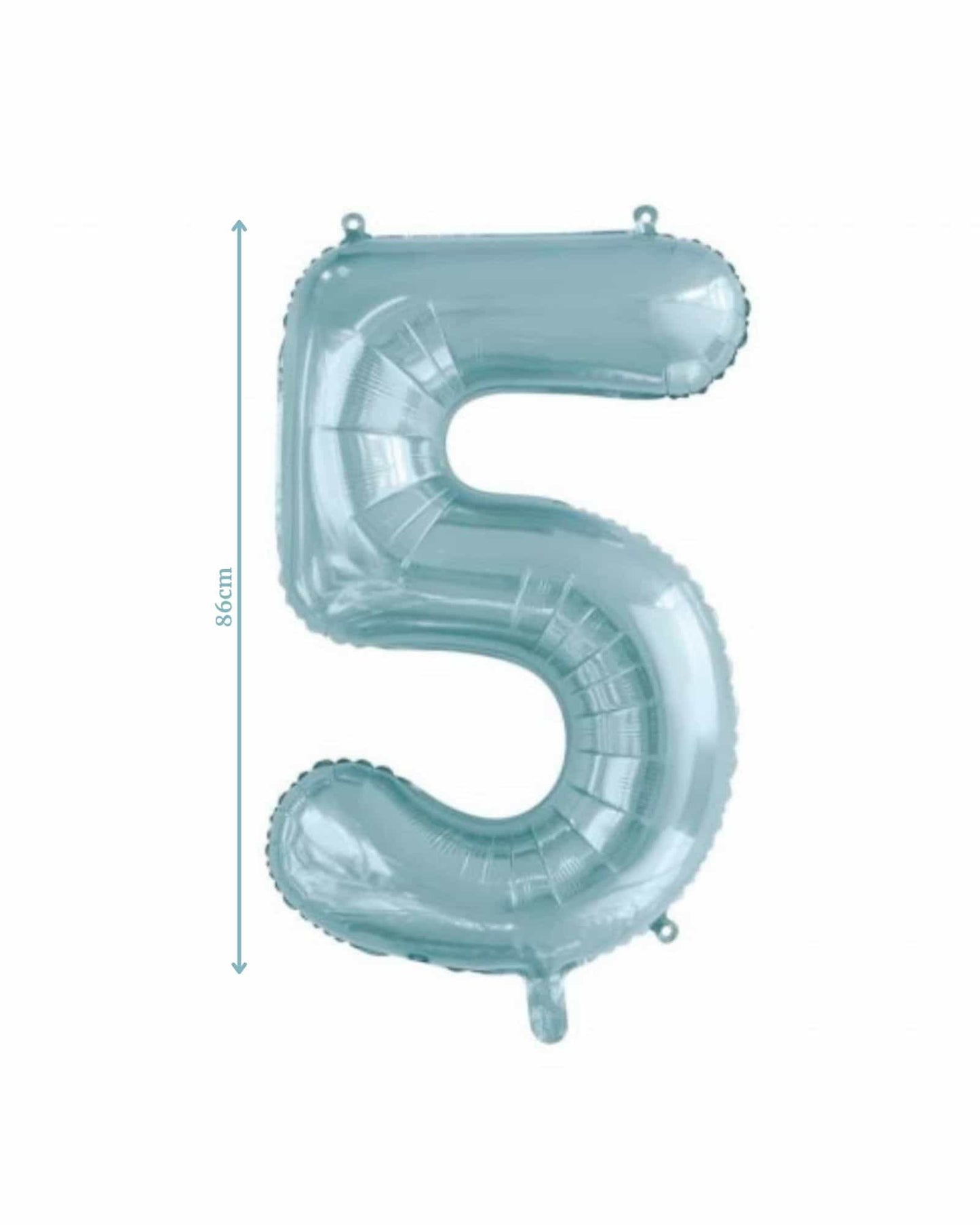 A large, clear balloon shaped like the number five, measuring 86 cm in height, with a glossy finish.