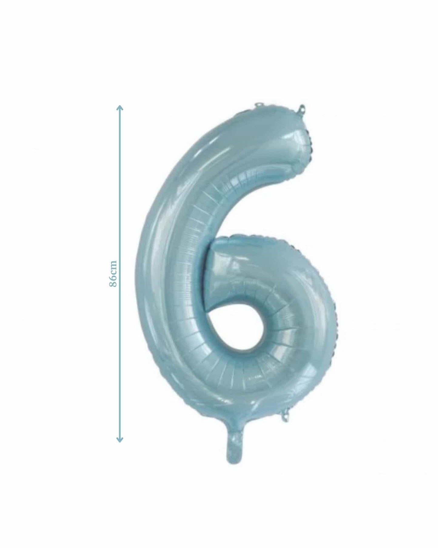 A shiny, light blue number six balloon, measuring 86 cm tall, with a smooth surface and rounded edges.
