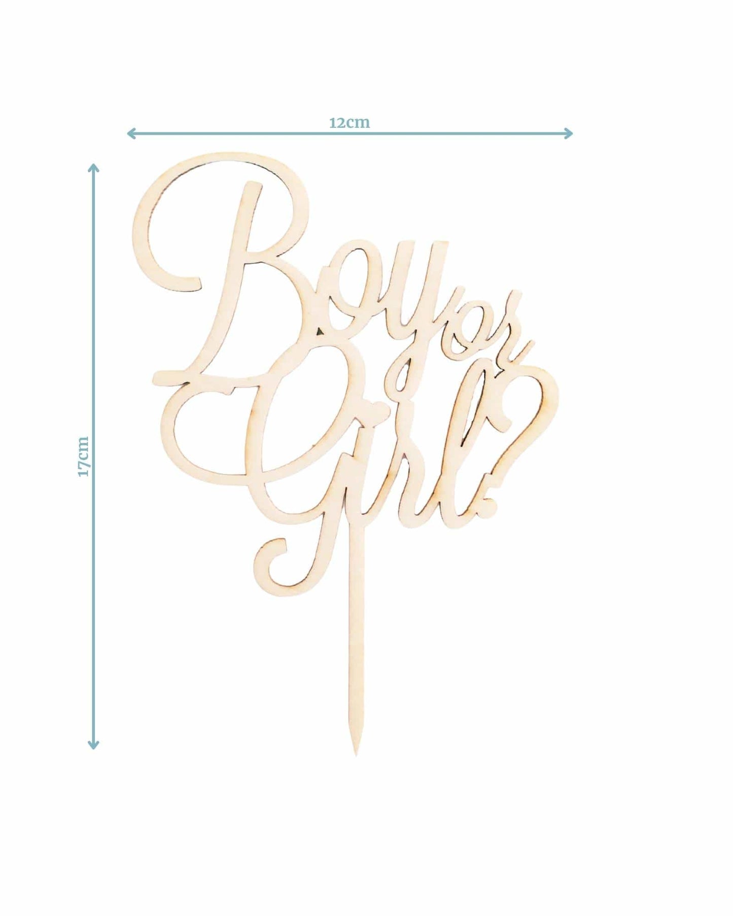 Wooden cake topper with the text "Boy or Girl?" in an elegant script, measuring 12cm wide and 17cm tall.