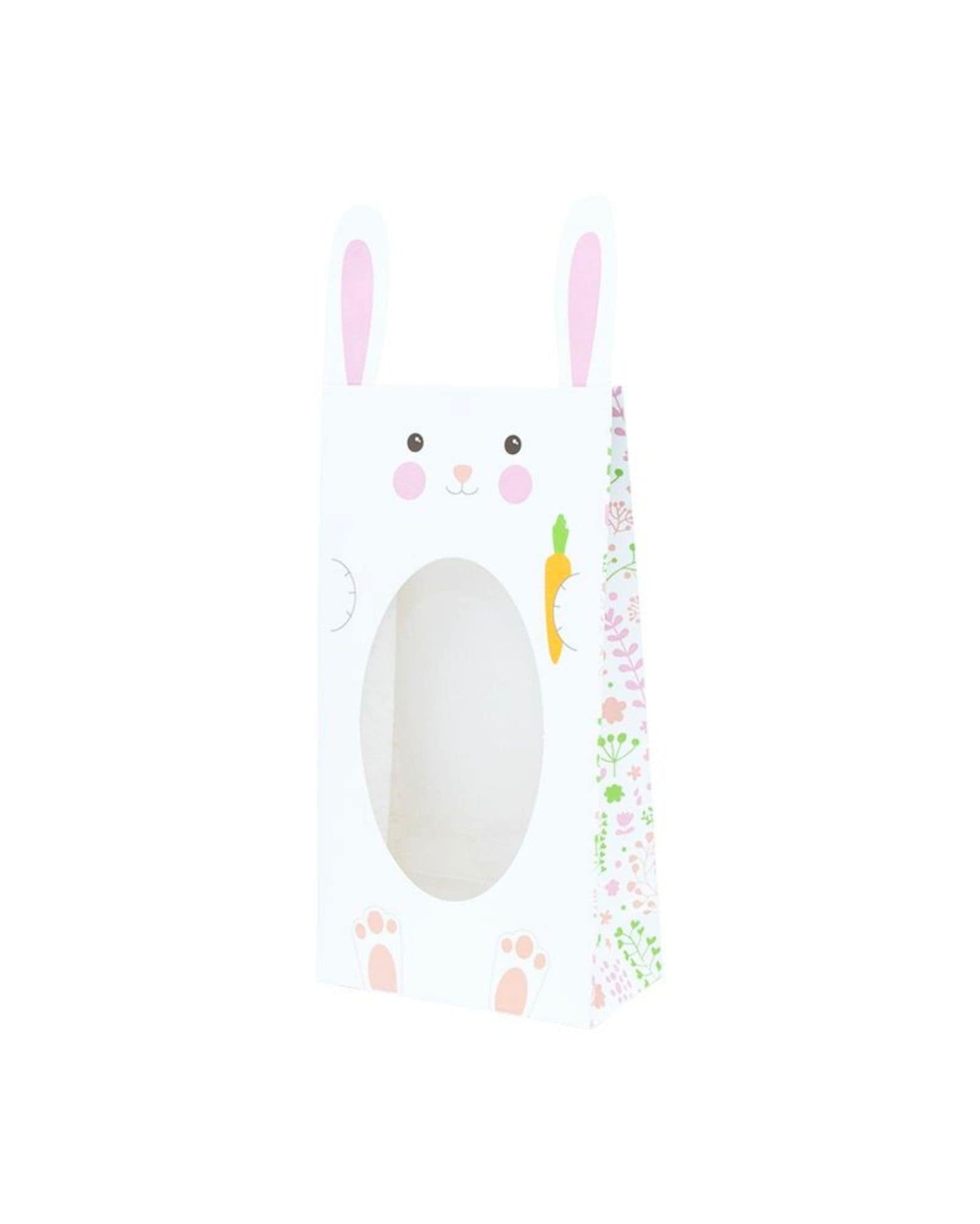 White bunny-shaped bag with pink ears, a smiling face, and floral patterns, featuring a carrot illustration.