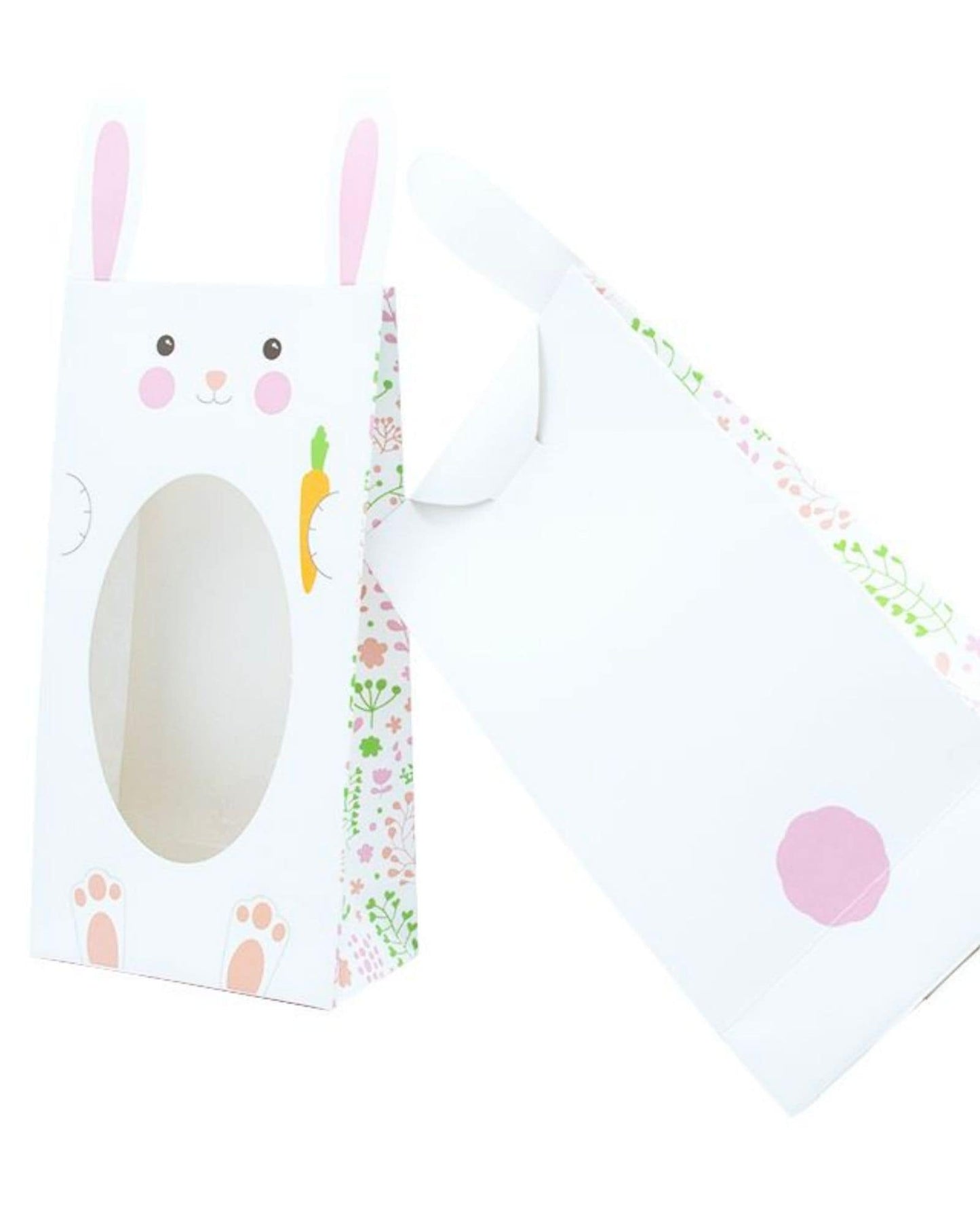 A cute bunny-shaped bag with pink ears, a smiling face, and floral patterns, perfect for festive gifting.