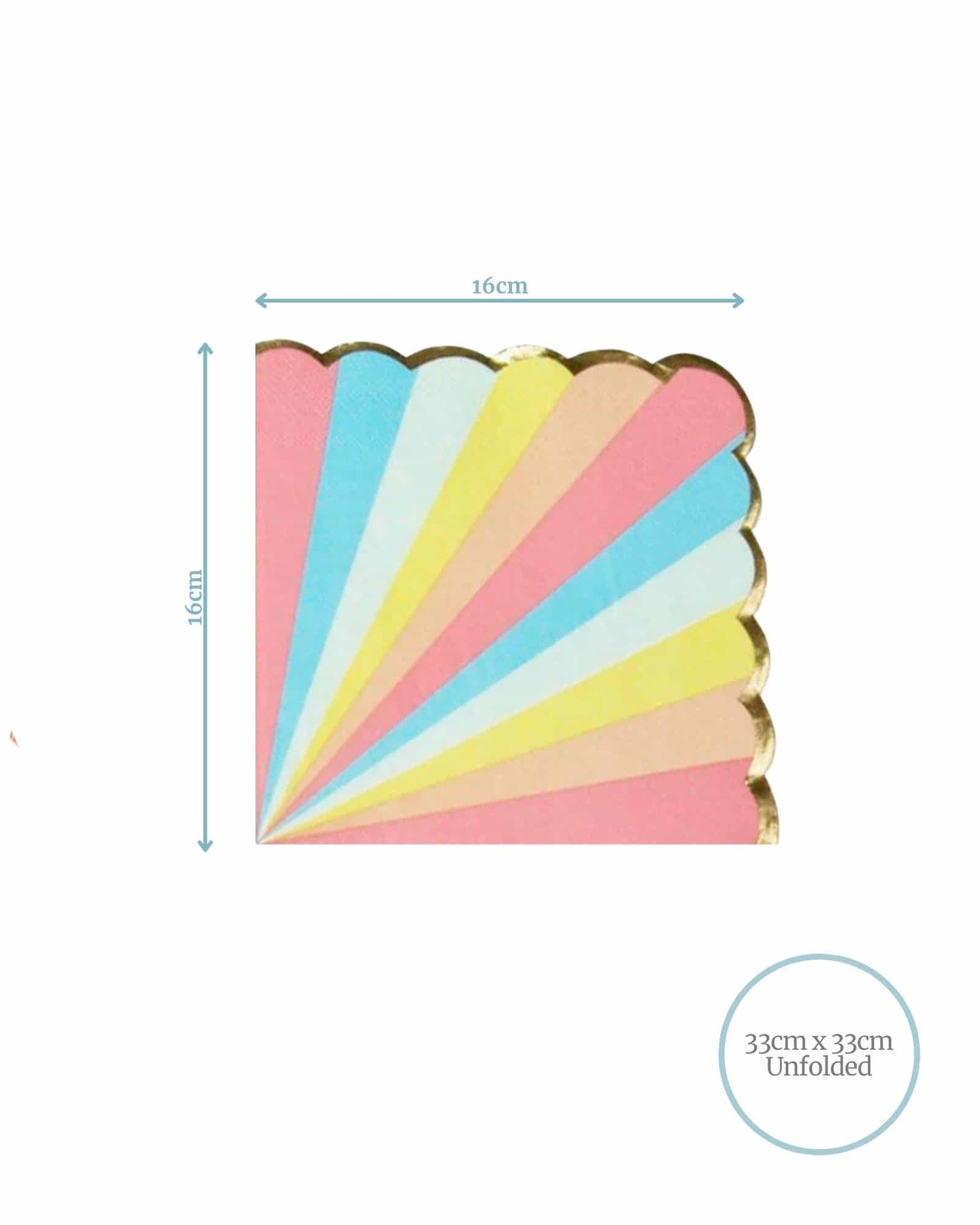 Colorful fan-shaped napkin with scalloped edges, featuring pink, blue, yellow, and cream rays, measuring 16cm square.