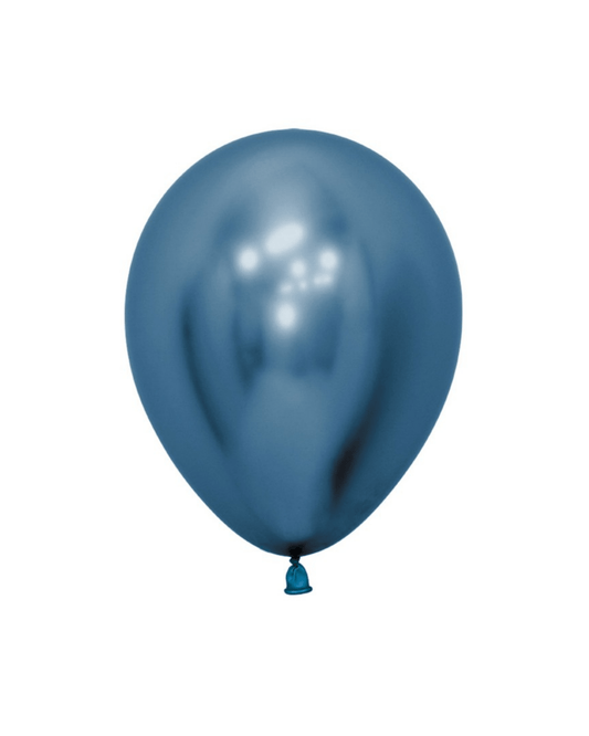 Shiny chrome blue balloon with a smooth surface, hanging from a small knot at the bottom against a white background.