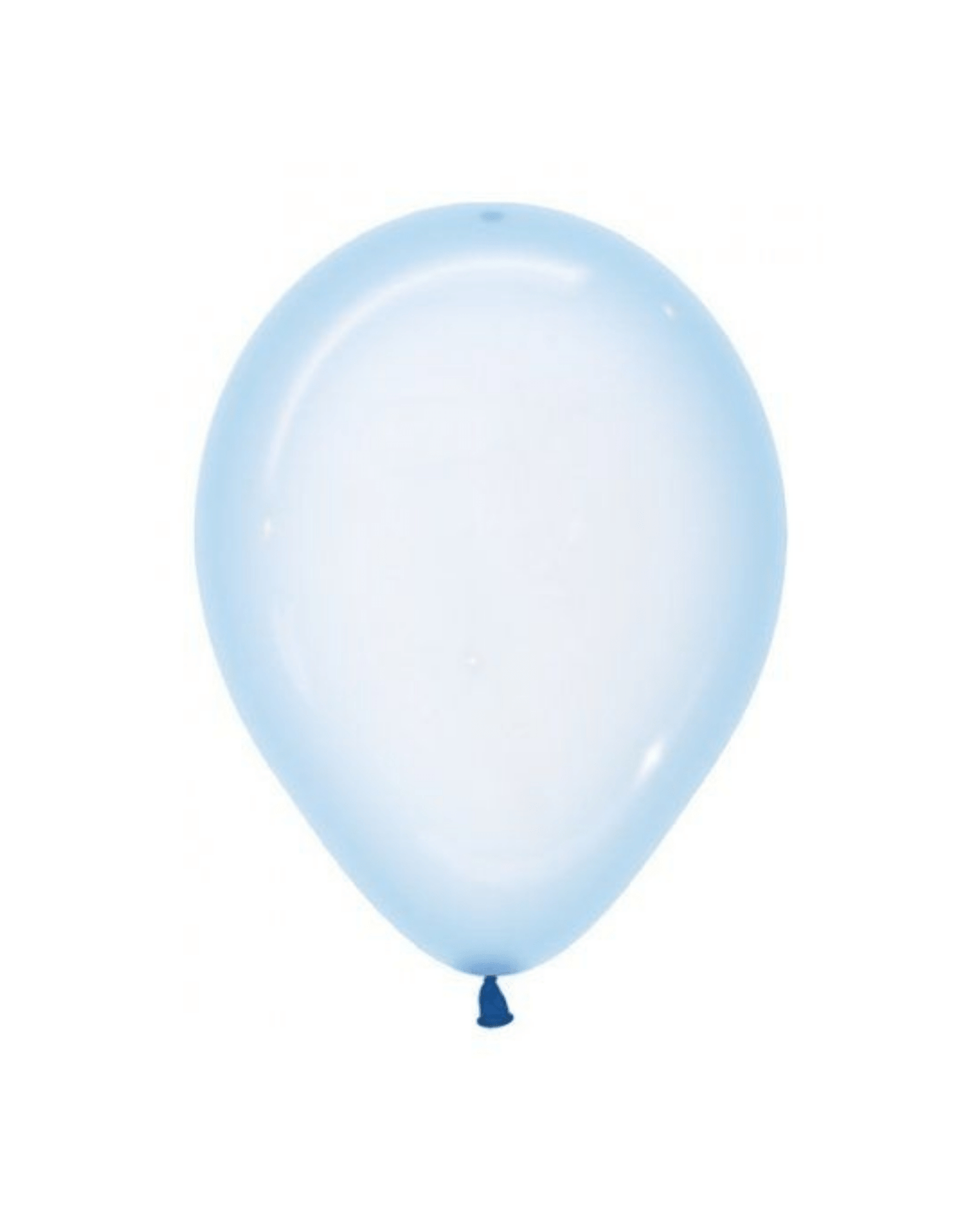 Pastel blue balloon with a smooth surface, tied at the bottom with a dark blue knot, on a white background.