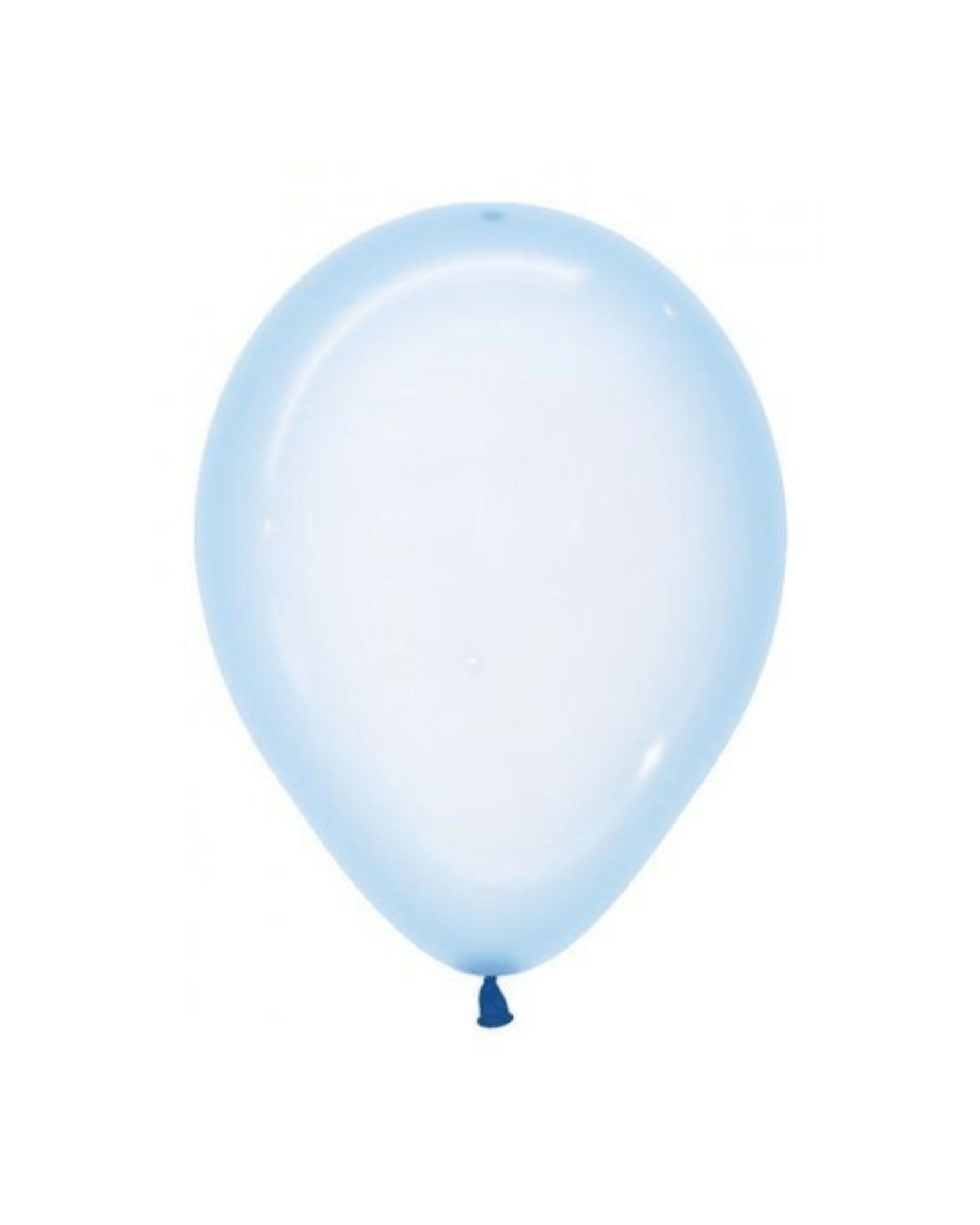 Pastel blue balloon with a smooth surface, tied at the bottom with a dark blue knot, on a white background.