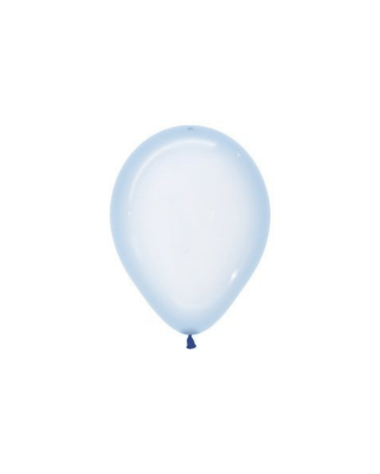 Pastel blue balloon with a smooth surface, featuring a dark blue knot at the bottom.