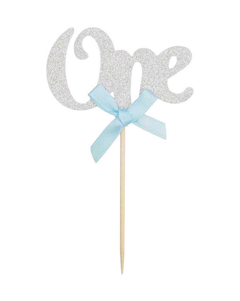 Cupcake Picks 'One' Silver with Blue Bow