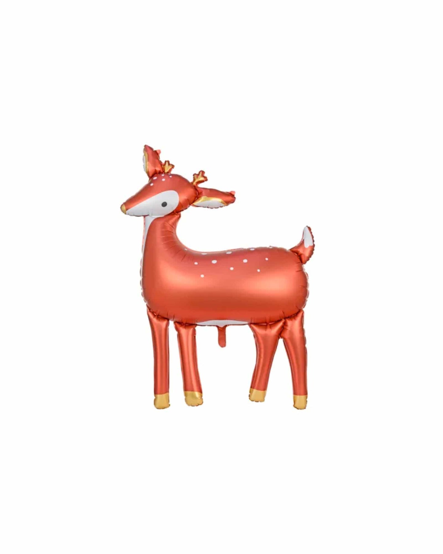 A shiny, copper-colored deer balloon with white spots and golden hooves, featuring a cheerful expression and antlers.
