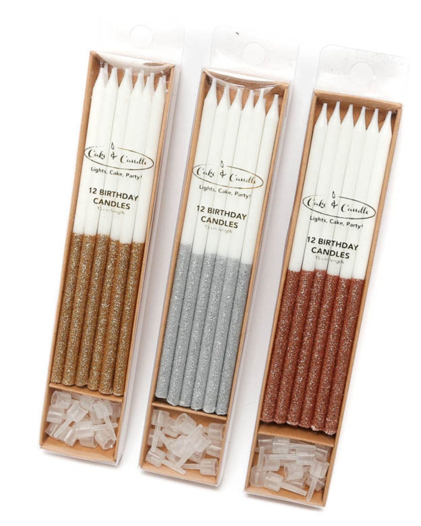 Three packs of glitter-dipped birthday candles in gold, silver, and copper, with clear holders at the bottom.