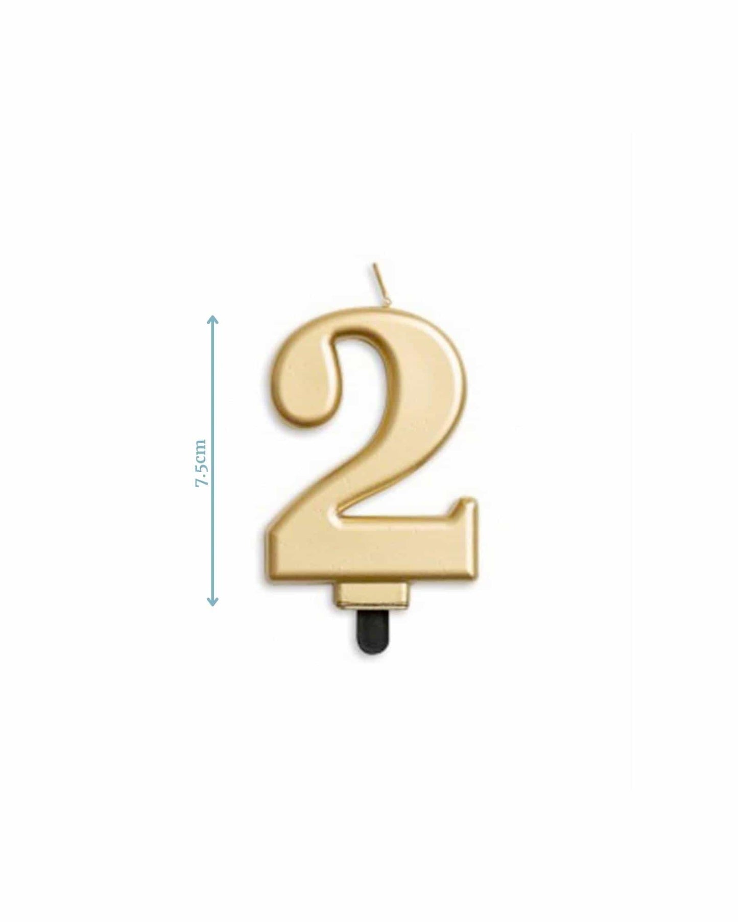 Gold numeral "2" candle measuring 7.5 cm tall, featuring a shiny, smooth finish and a wick for lighting.