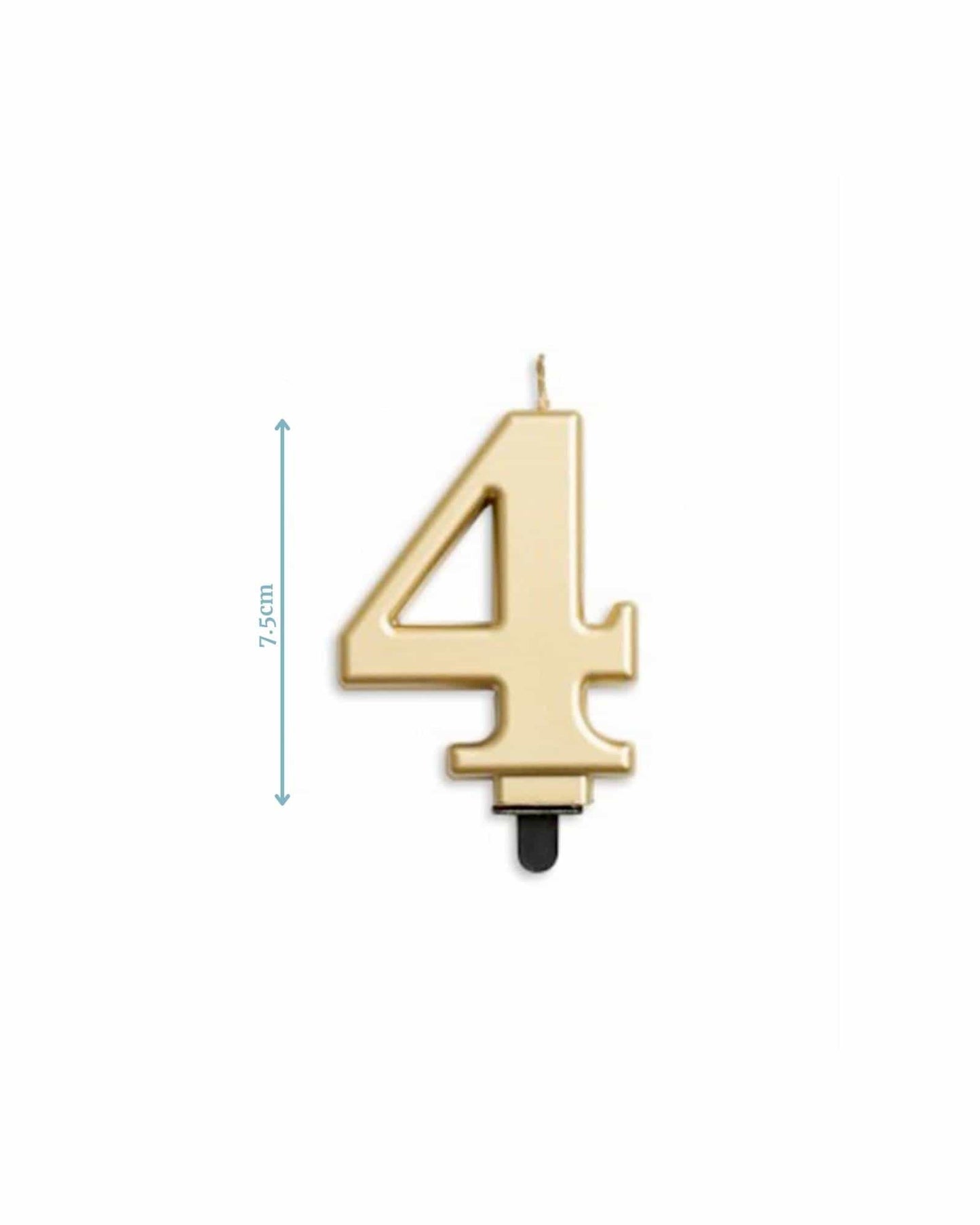 Gold number 4 candle measuring 7.5 cm tall, with a glossy finish and a black base for stability.