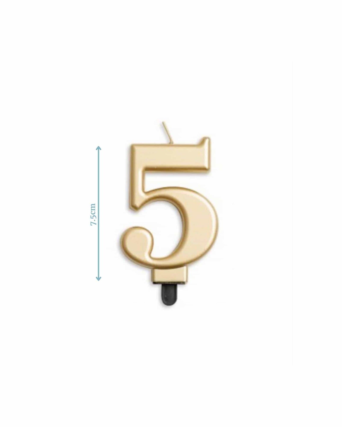 Gold numeral "5" candle measuring 7.5 cm tall, featuring a sleek design with a small wick on top.