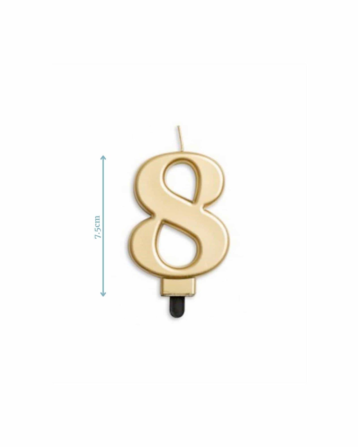 Gold number 8 candle measuring 7.5 cm tall, featuring a sleek design with a black base for stability.