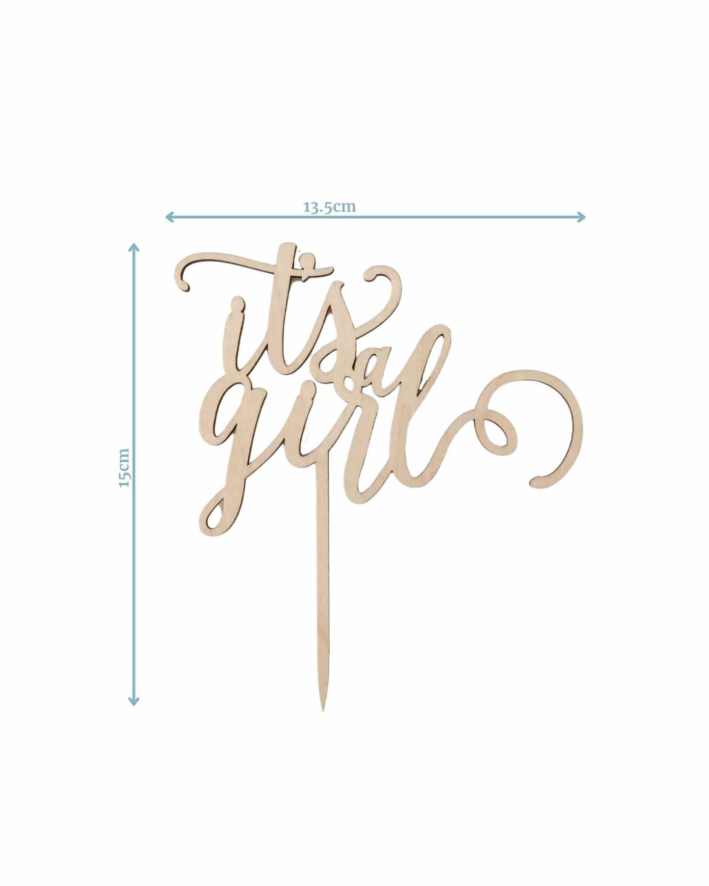 A wooden topper featuring the phrase "it's a girl" in elegant cursive, measuring 13.5 cm wide by 15 cm tall.