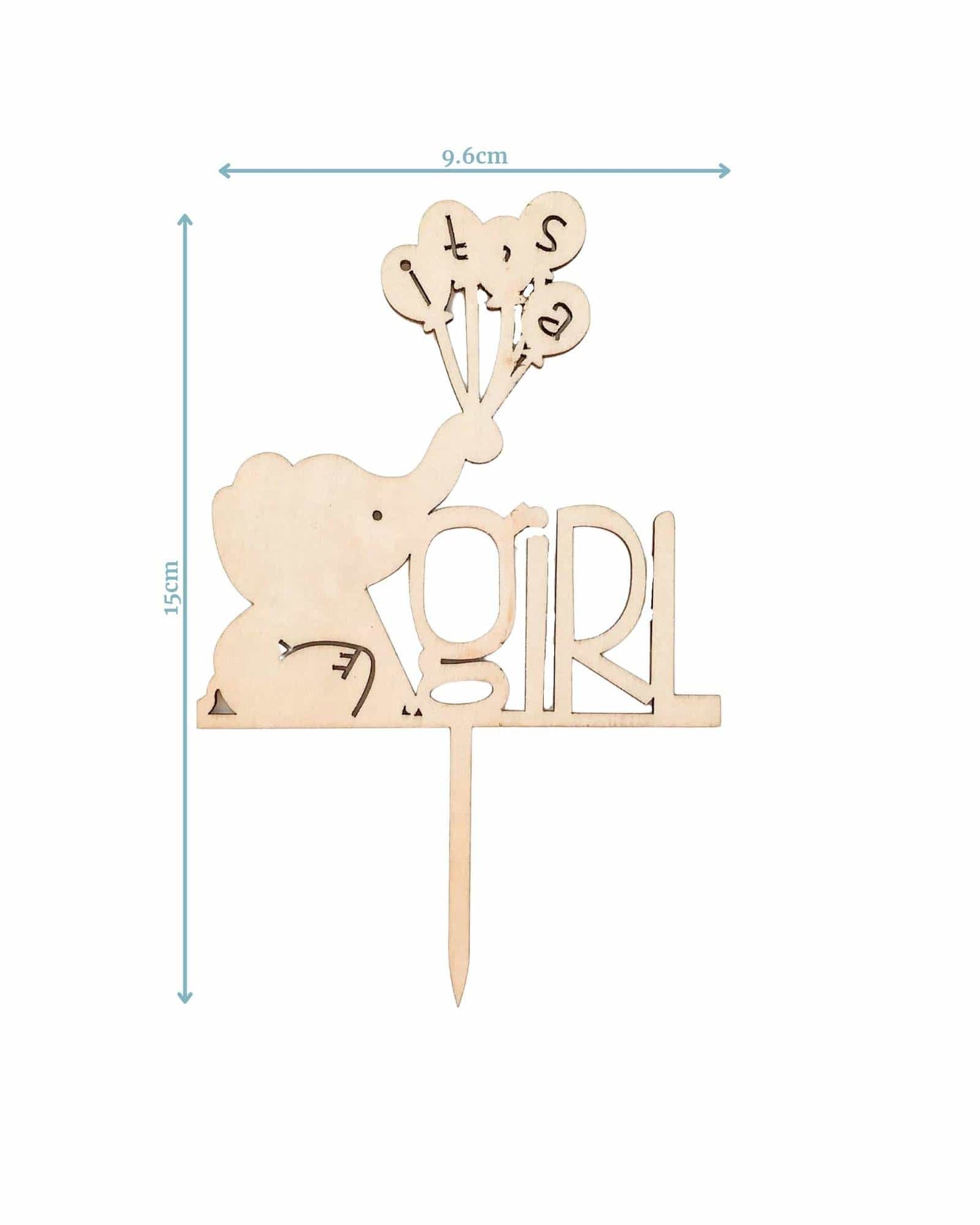 Wooden cake topper featuring an elephant holding balloons and the words "it's a girl," with measurements shown.