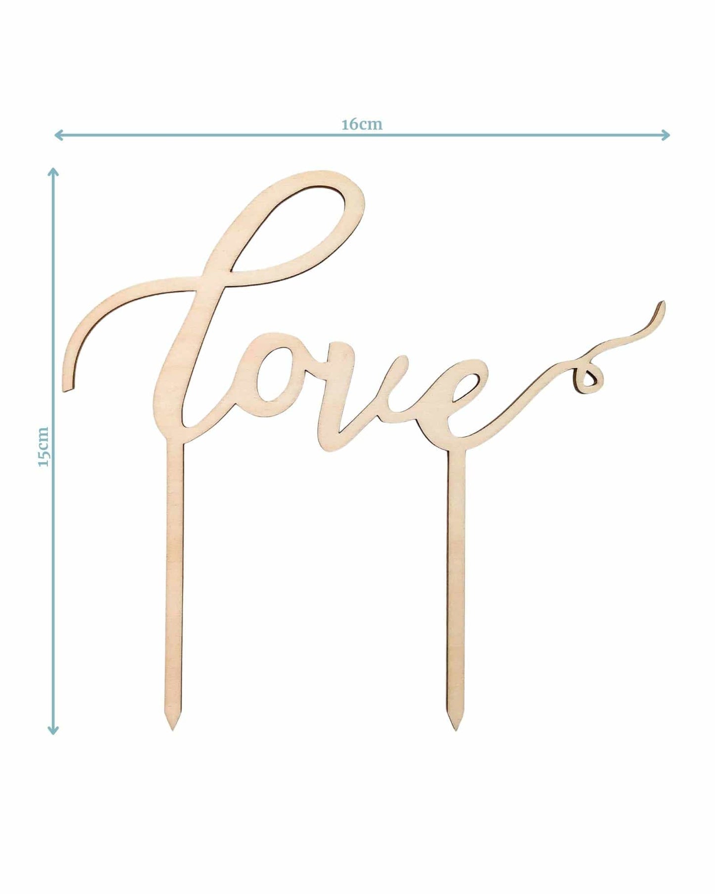 A wooden "love" topper with elegant cursive letters, measuring 16cm wide and 15cm tall, featuring pointed stakes.