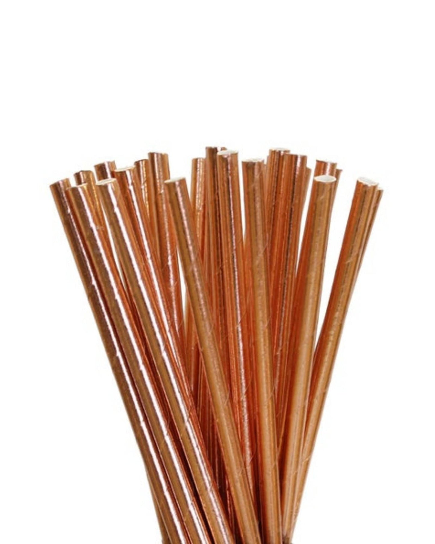 A bundle of metallic rose gold straws with a shiny finish, arranged closely together against a white background.