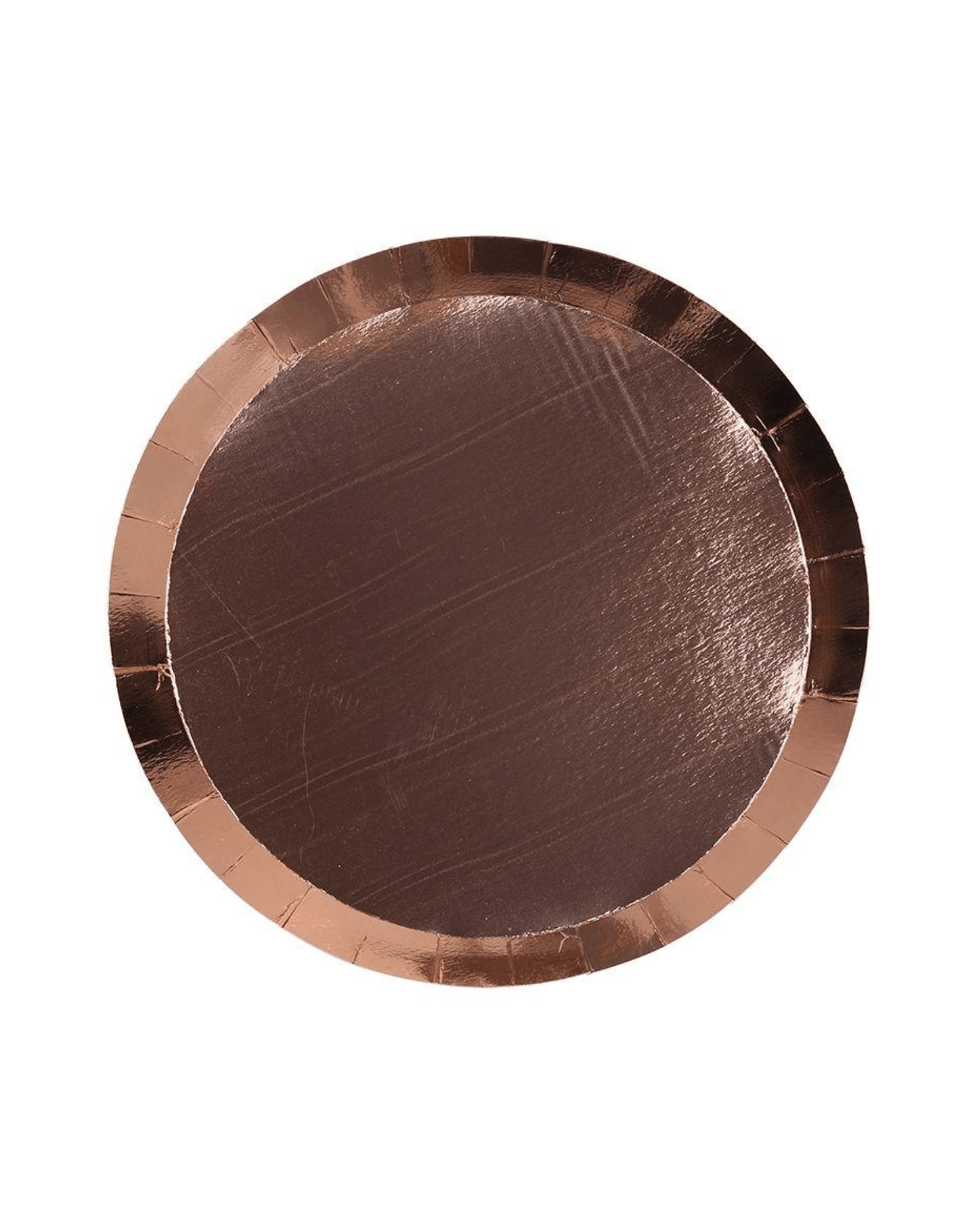Metallic rose gold circular plate with a shiny surface and a textured edge, perfect for elegant table settings.