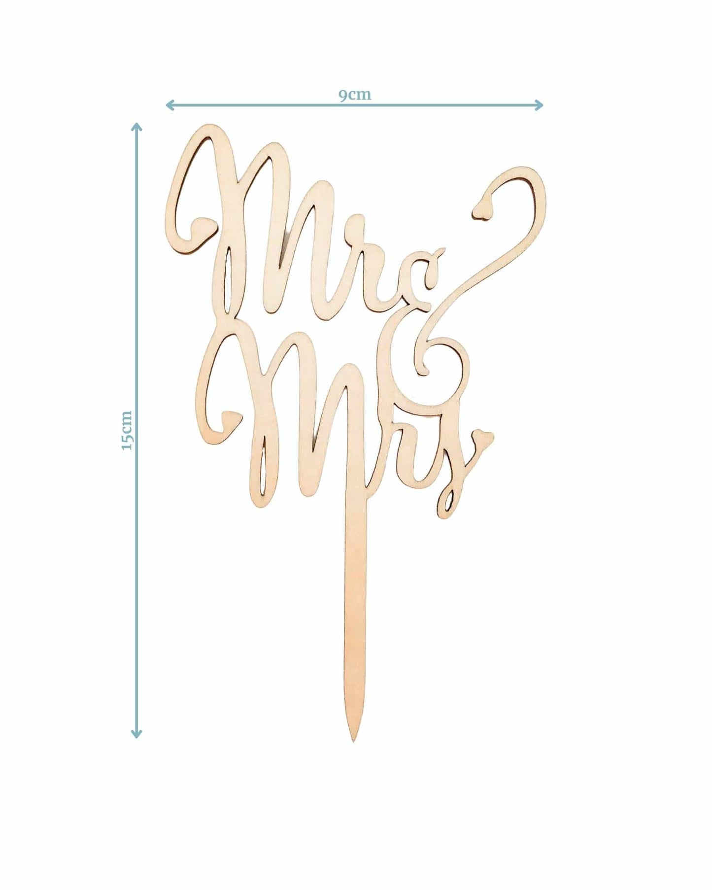 Wooden "Mr & Mrs" topper with elegant cursive lettering, measuring 9cm wide and 15cm tall.