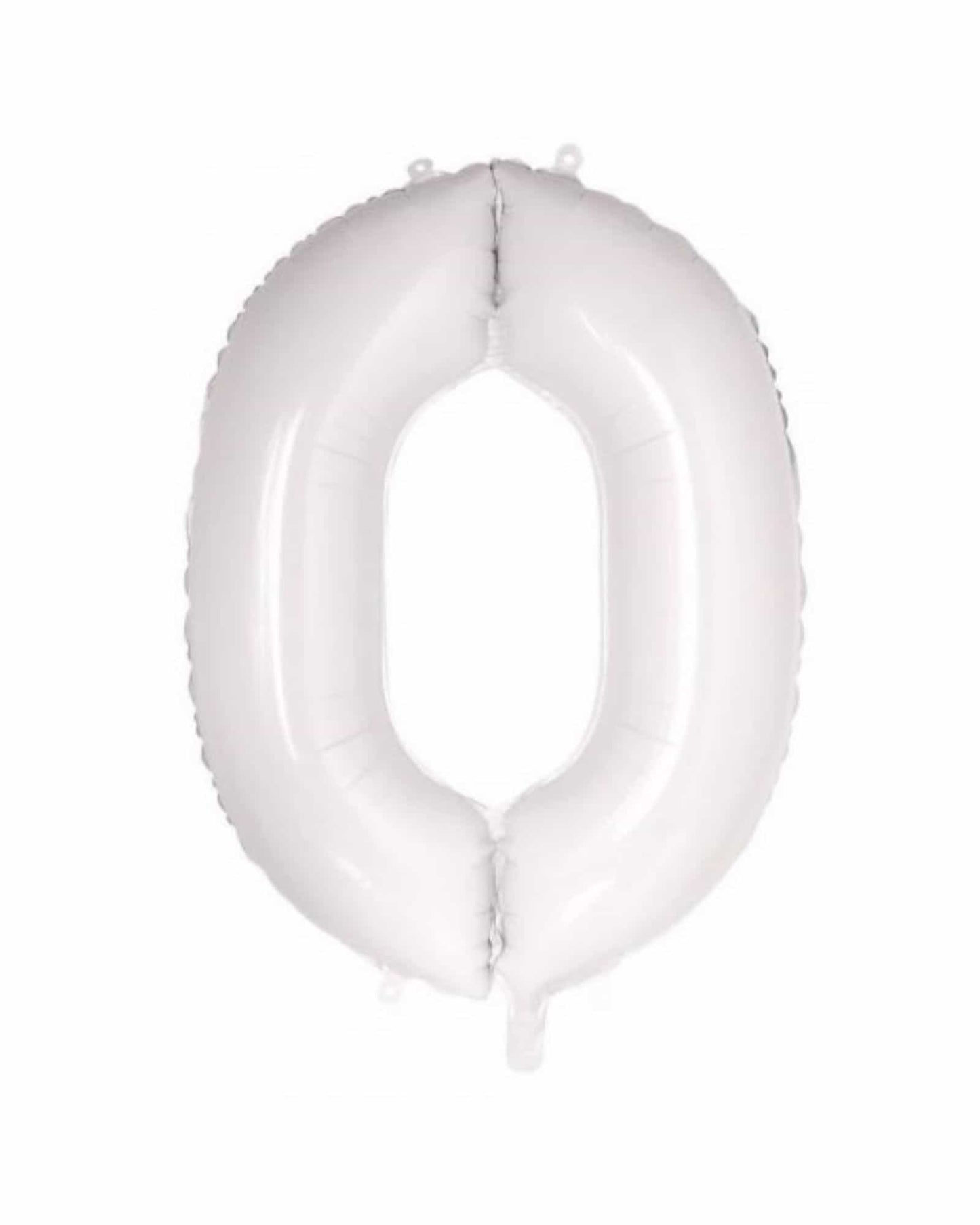 Large, shiny white balloon shaped like the number zero, with a smooth surface and subtle reflections.