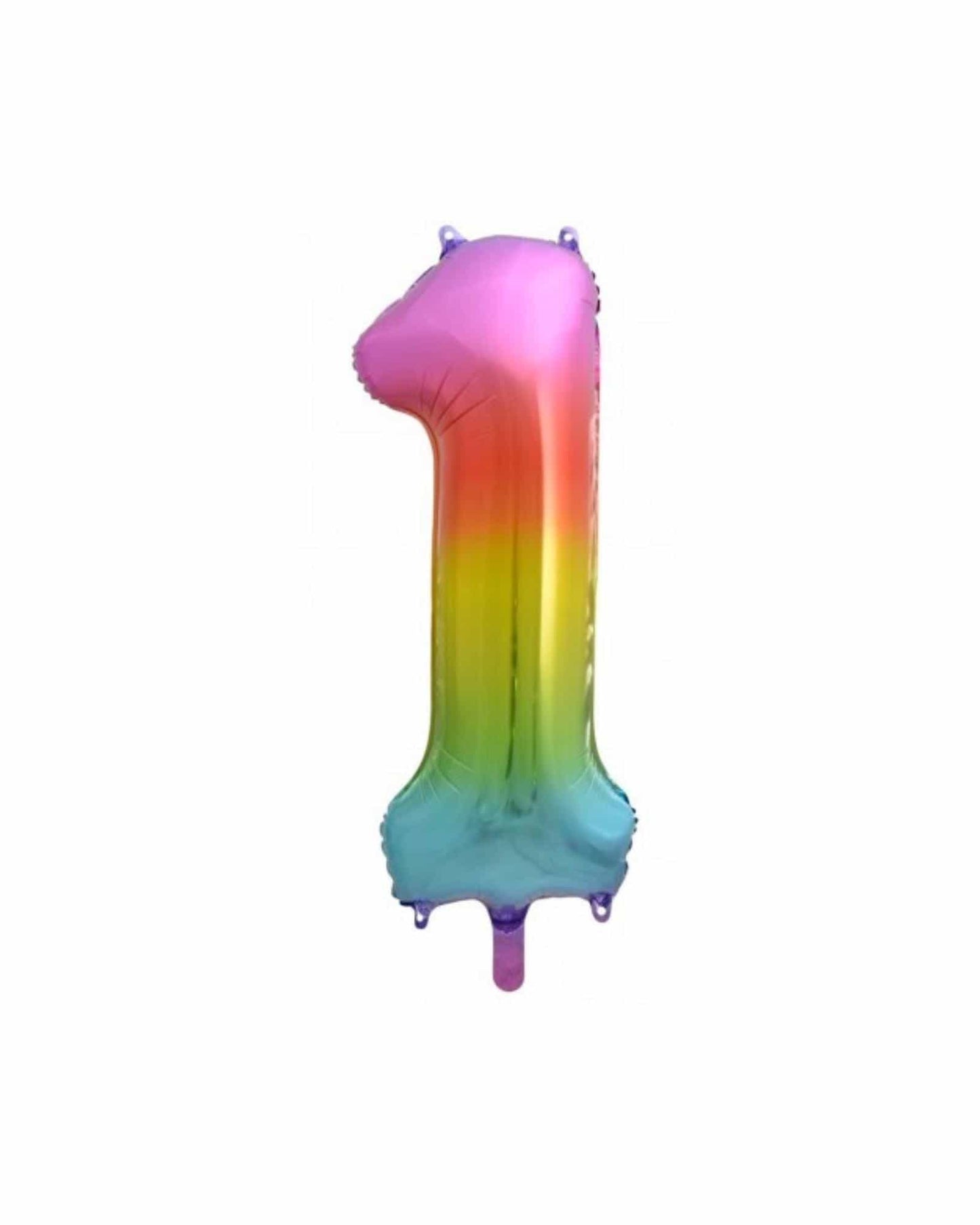 Colorful rainbow gradient balloon shaped like the number one, with soft curves and a glossy finish.