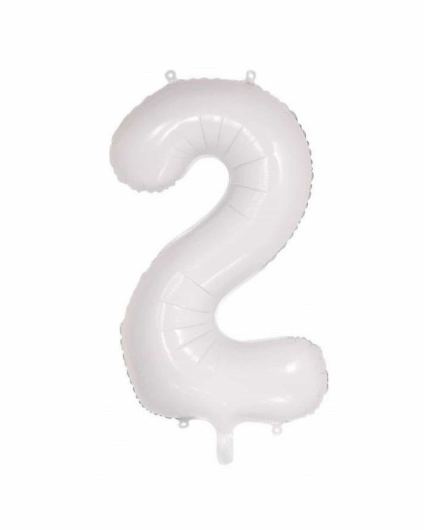 White foil balloon shaped like the number two, featuring a glossy finish and a slightly rounded design.