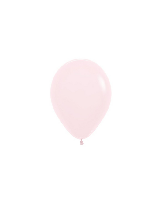 A soft pastel pink balloon with a smooth surface, gently tapering to a tied end, set against a plain white background.
