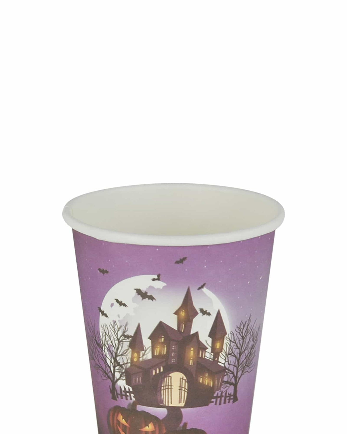 Halloween-themed cup featuring a spooky castle, bats, and a pumpkin against a purple night sky.