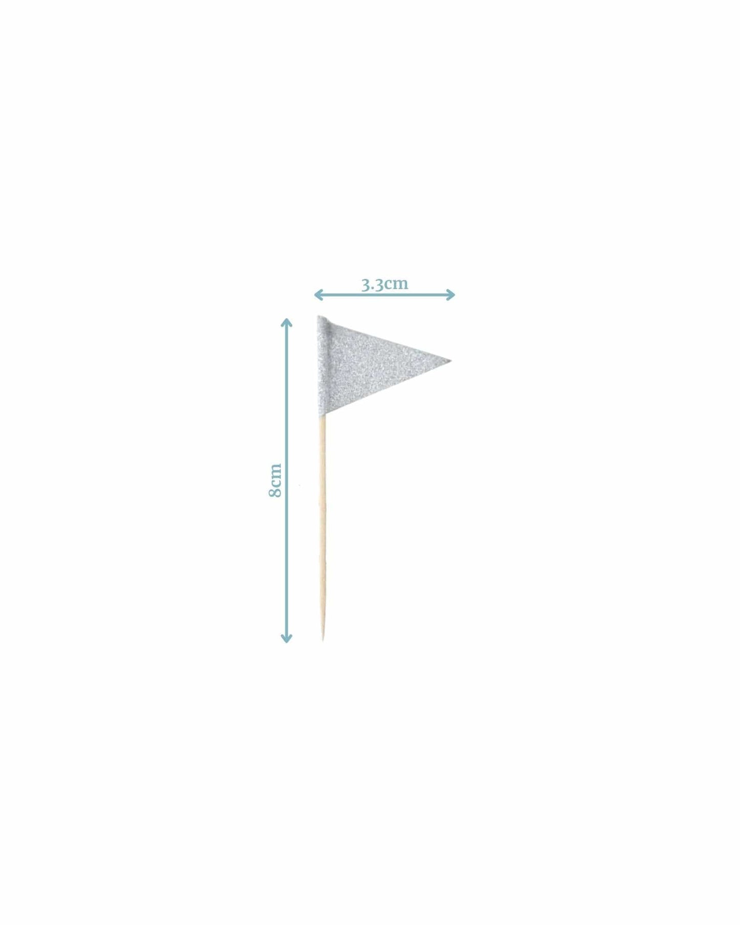 A sparkling silver flag on a wooden stick, measuring 8 cm tall and 3.3 cm wide.