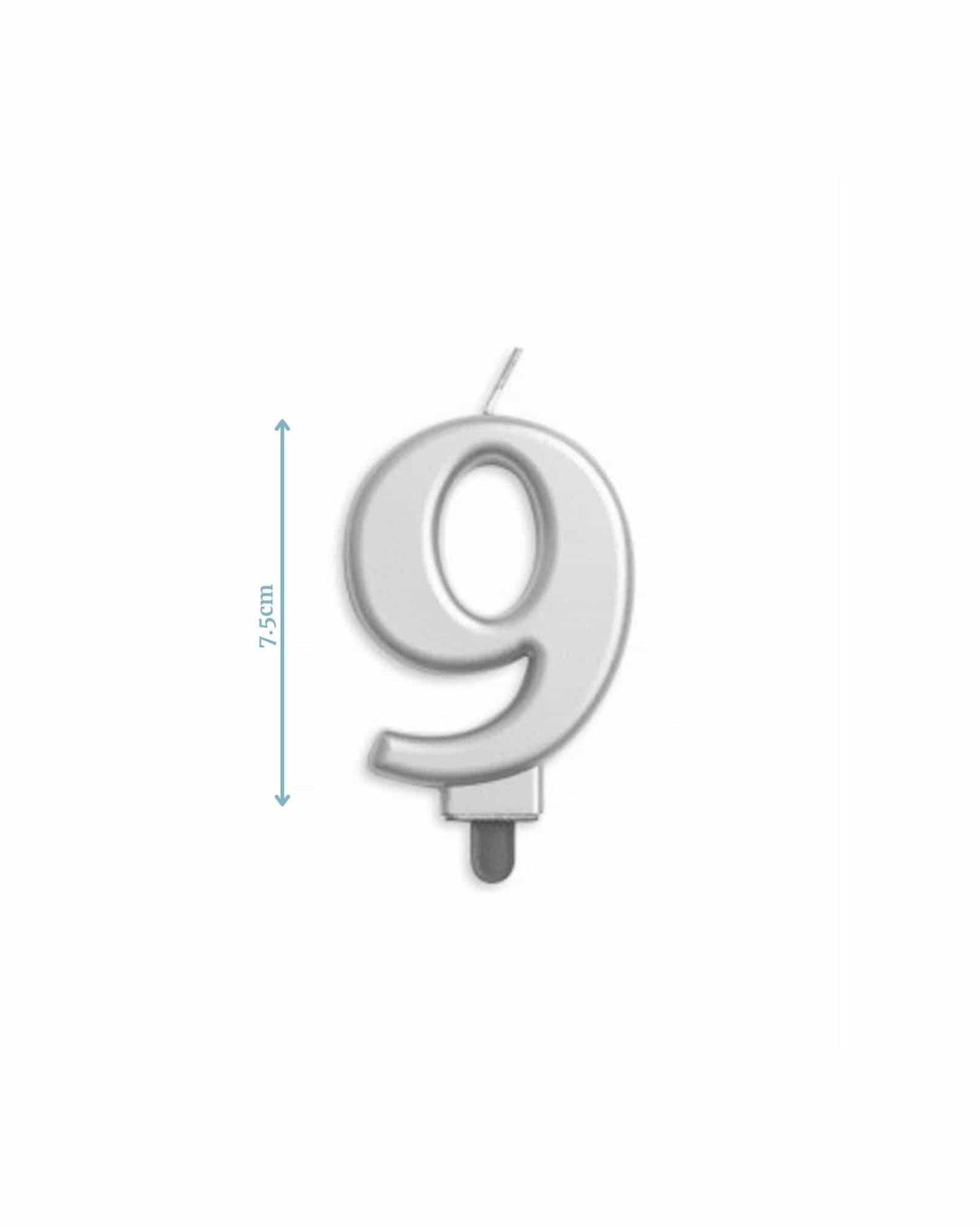 A silver number 9 candle measuring 7.5 cm tall, featuring a clean, modern design and a small wick for lighting.